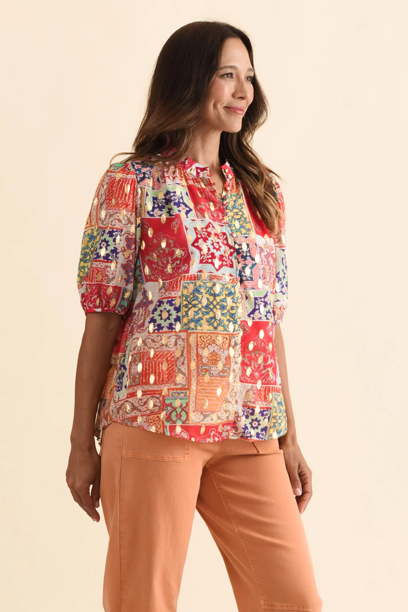 Alexandra Pink Patchwork Button Top - Image 3