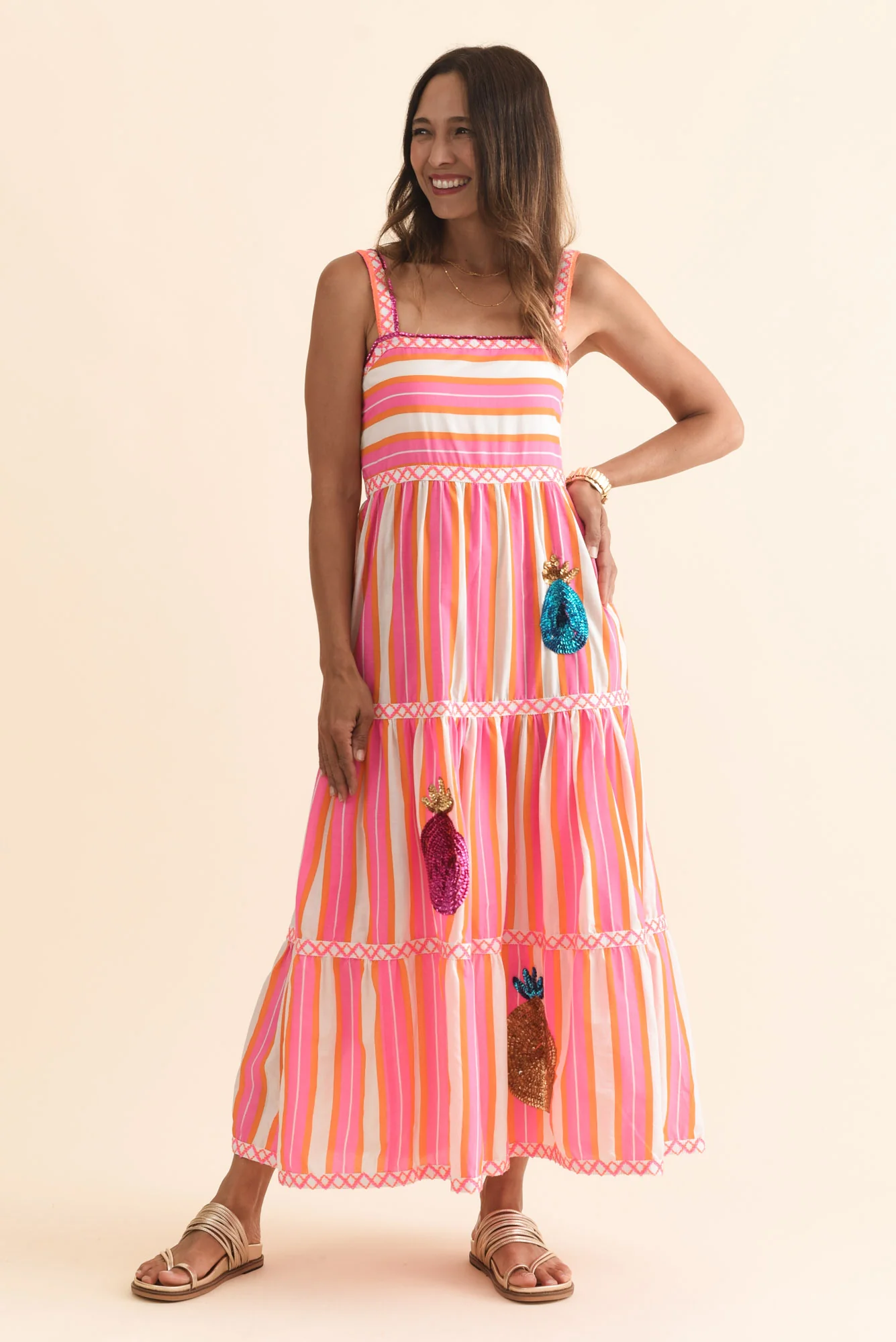 Alix Pink Stripe Cotton Tier Dress - Image 2