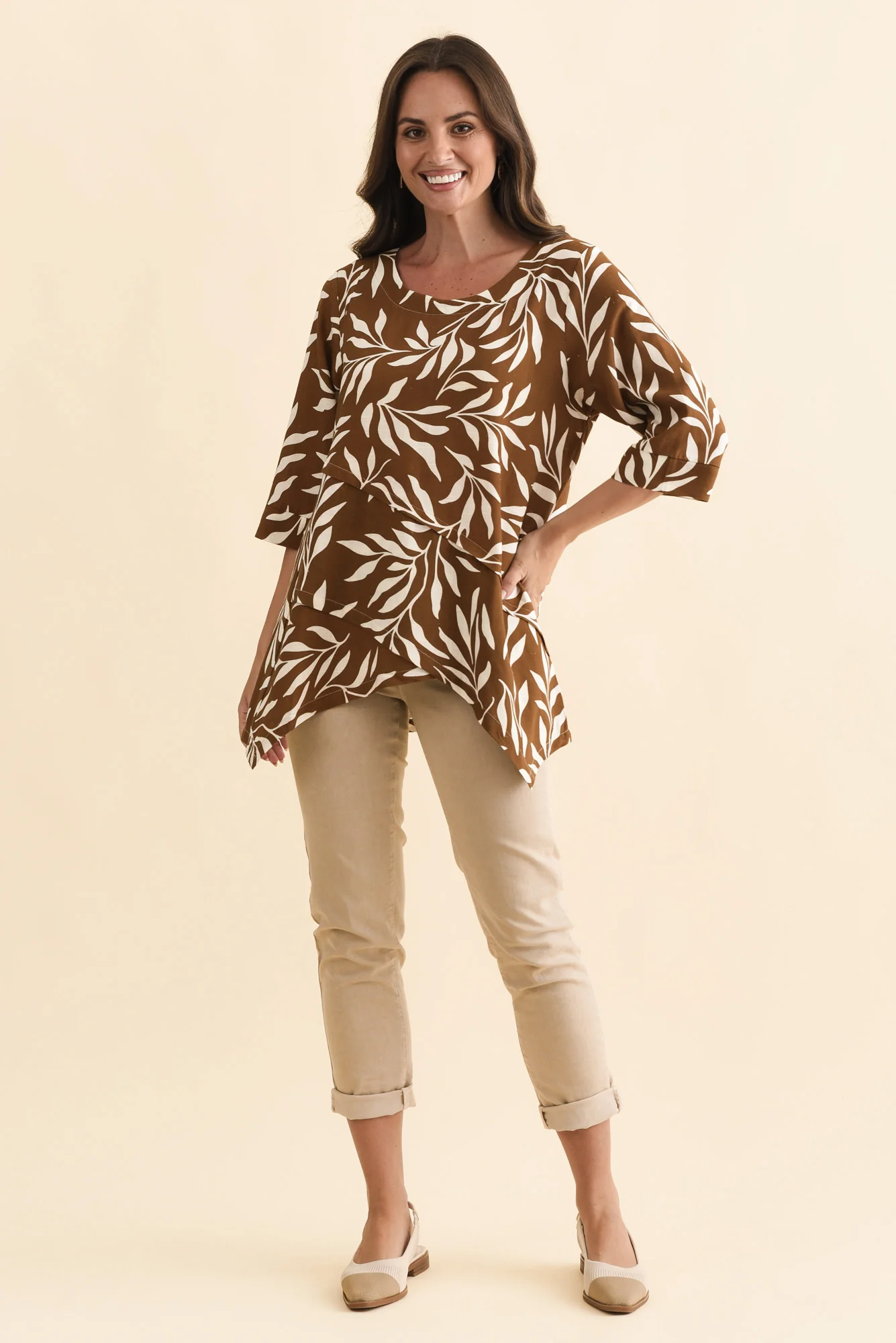 Anya Brown Leaf Linen Cotton Top - Image 2
