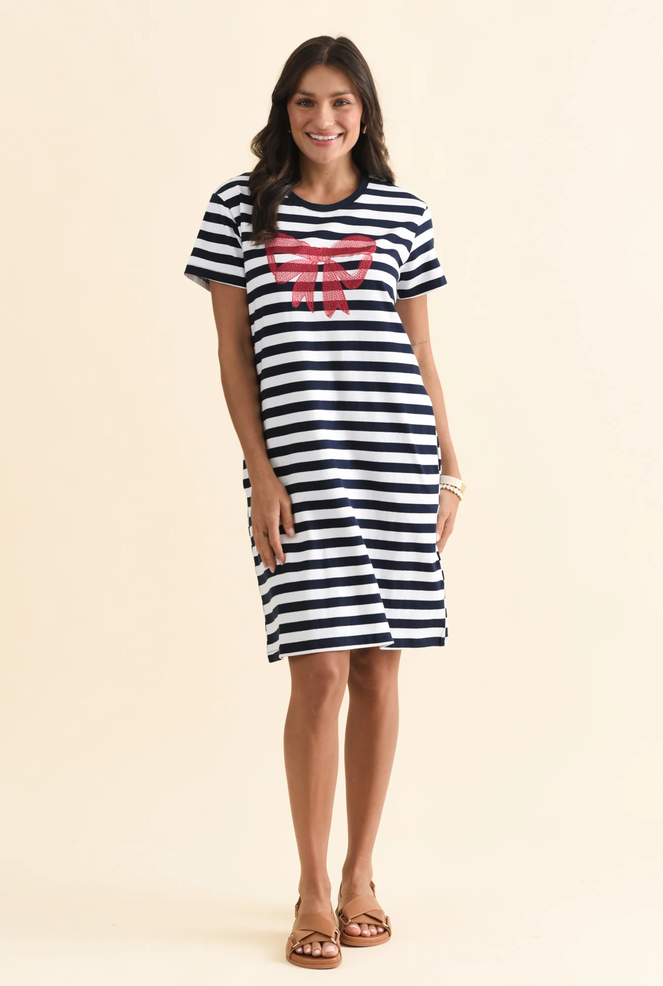 Aya Navy Stripe Bow Cotton Dress - Image 2