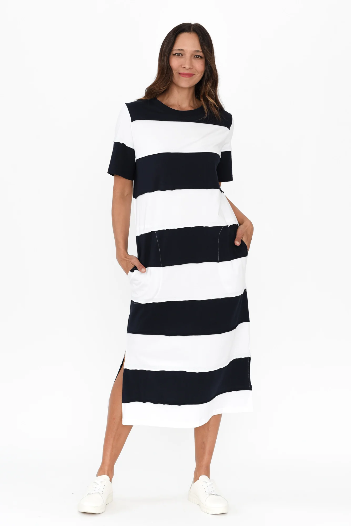 Bold Navy Stripe Cotton Tee Dress - Image 2