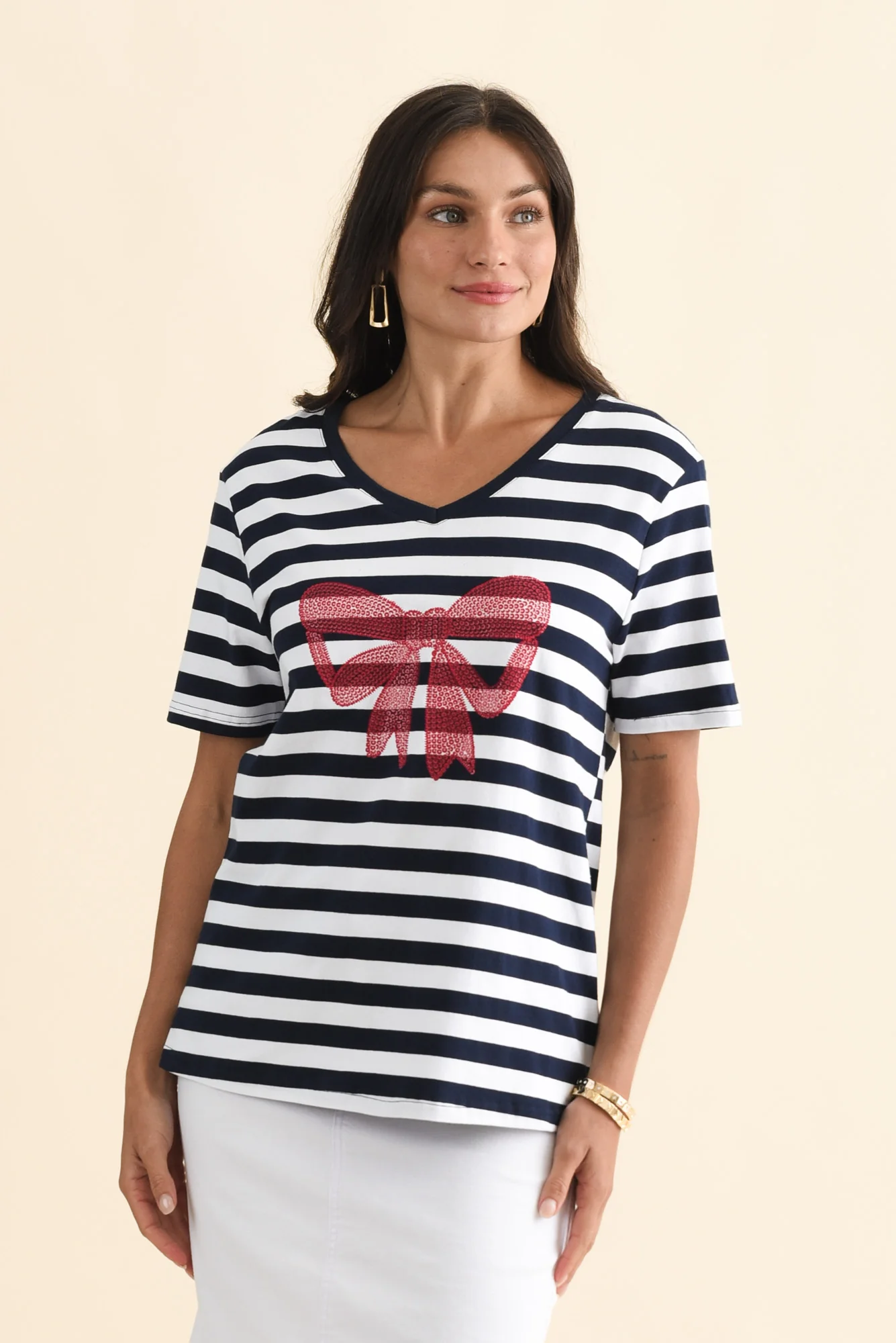Bowie Navy Stripe Bow Cotton Tee