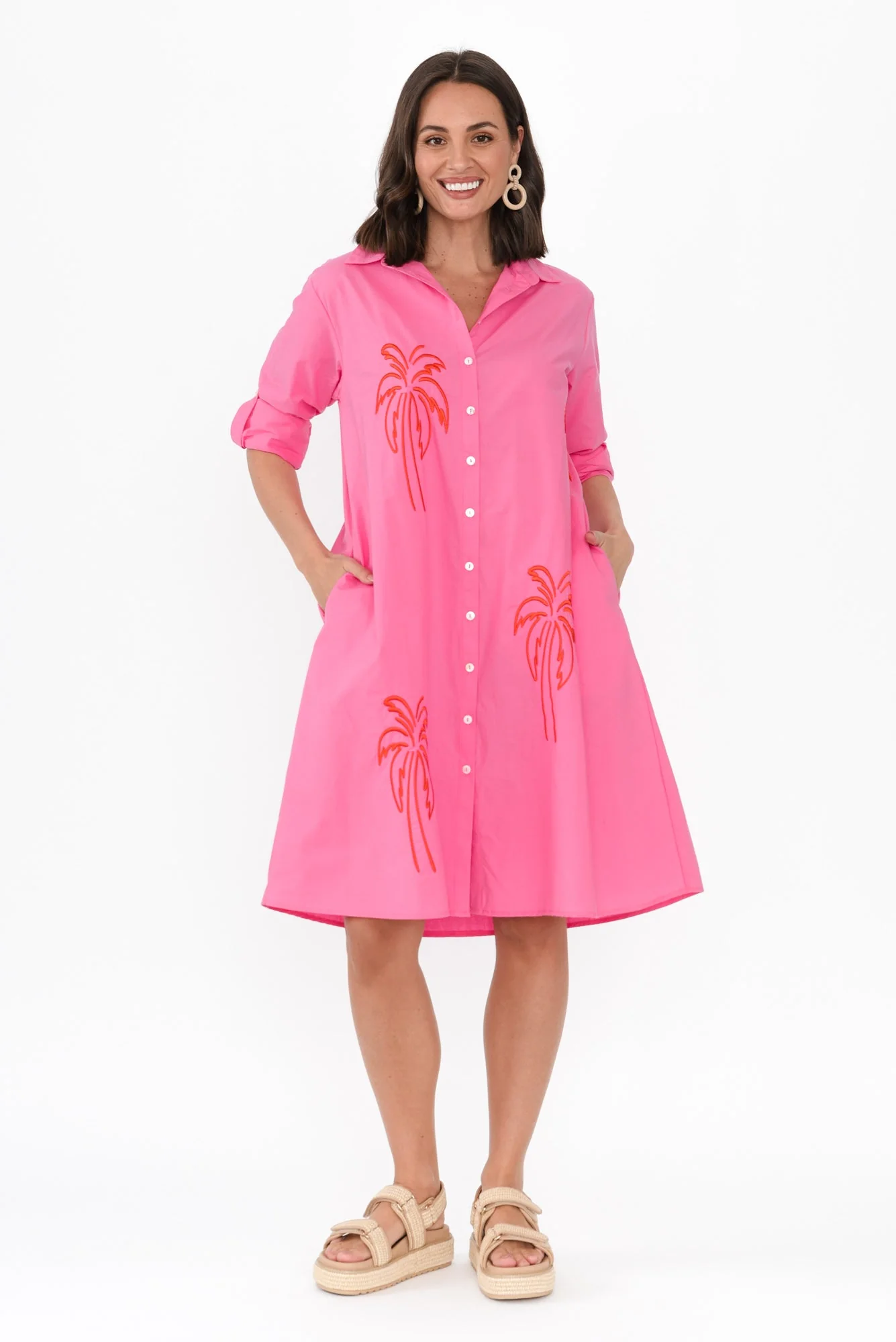 Bridie Pink Palm Cotton Shirt Dress - Image 3