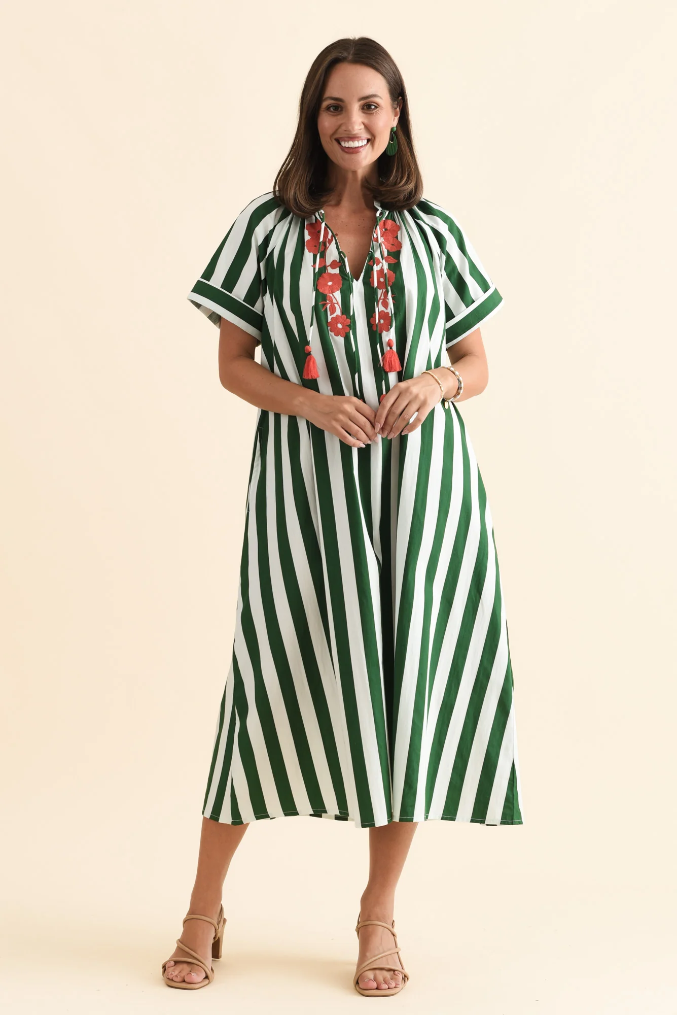 Claras Green Stripe Cotton Tie Dress - Image 2