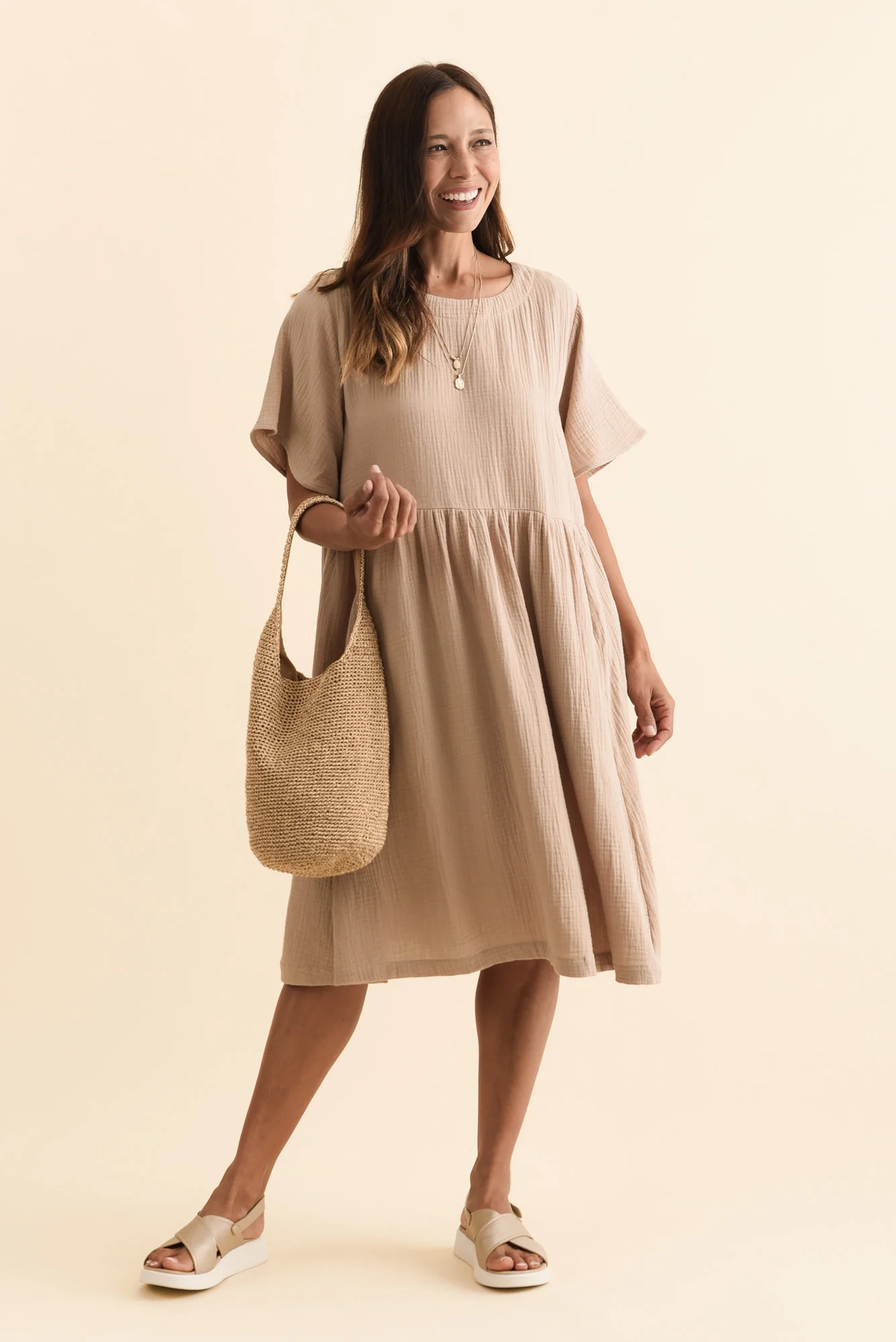 Cloud Gauze Beige Cotton Pocket Dress - Image 2