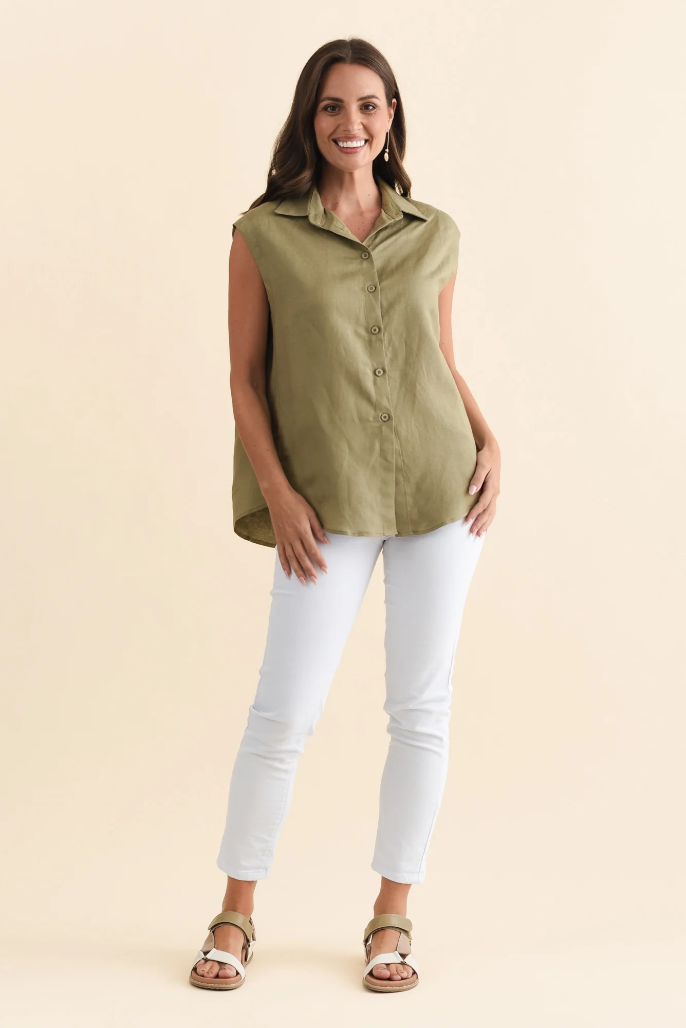 Corbin Khaki Linen Blend Button Top - Image 5