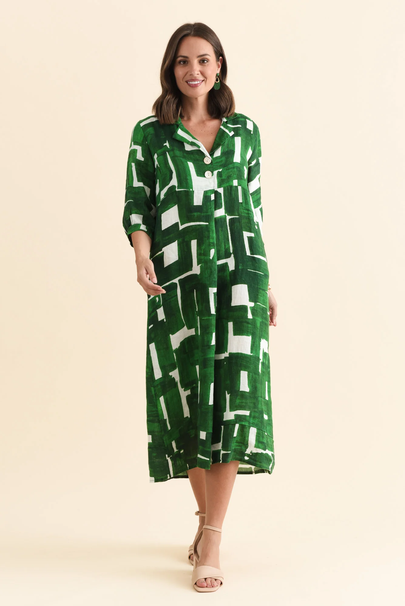 Daria Green Geo Linen Collared Dress - Image 2