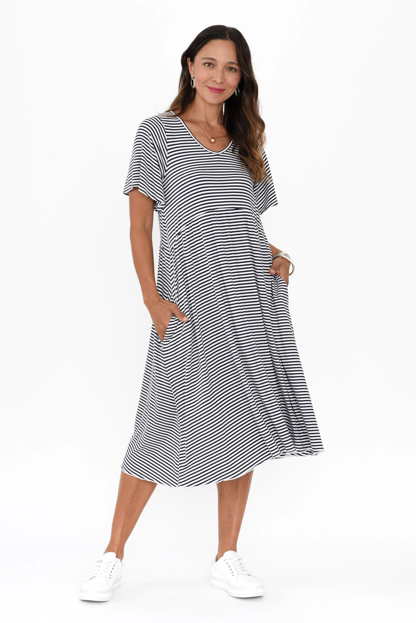 Donna Navy Stripe Gathered Dress - Image 2
