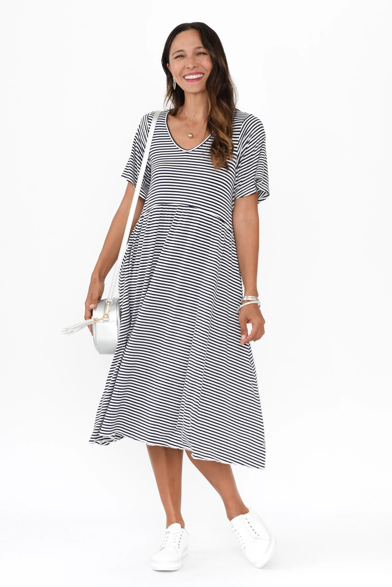Donna Navy Stripe Gathered Dress - Image 3