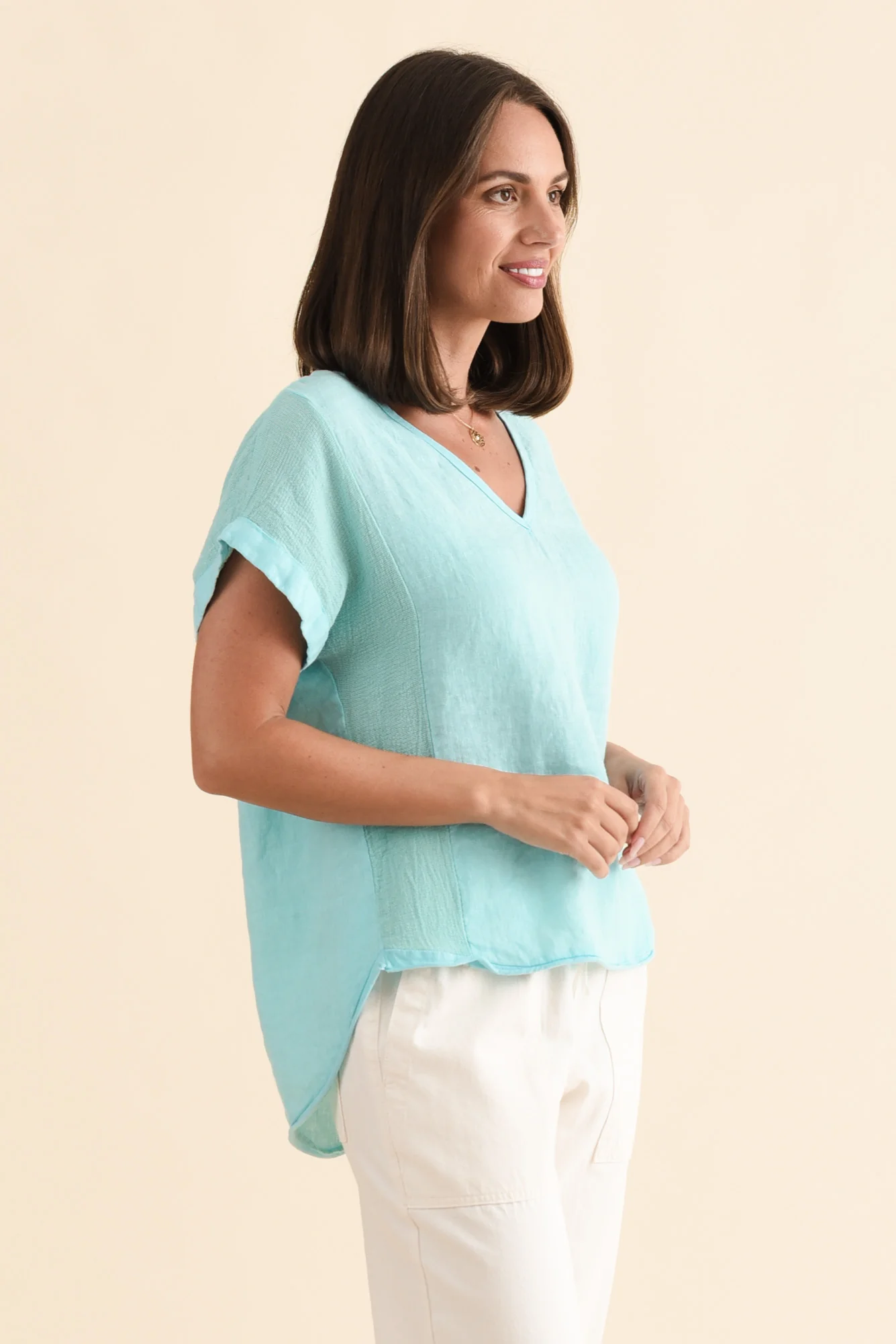 Dorian Turquoise Linen Cotton Top - Image 3