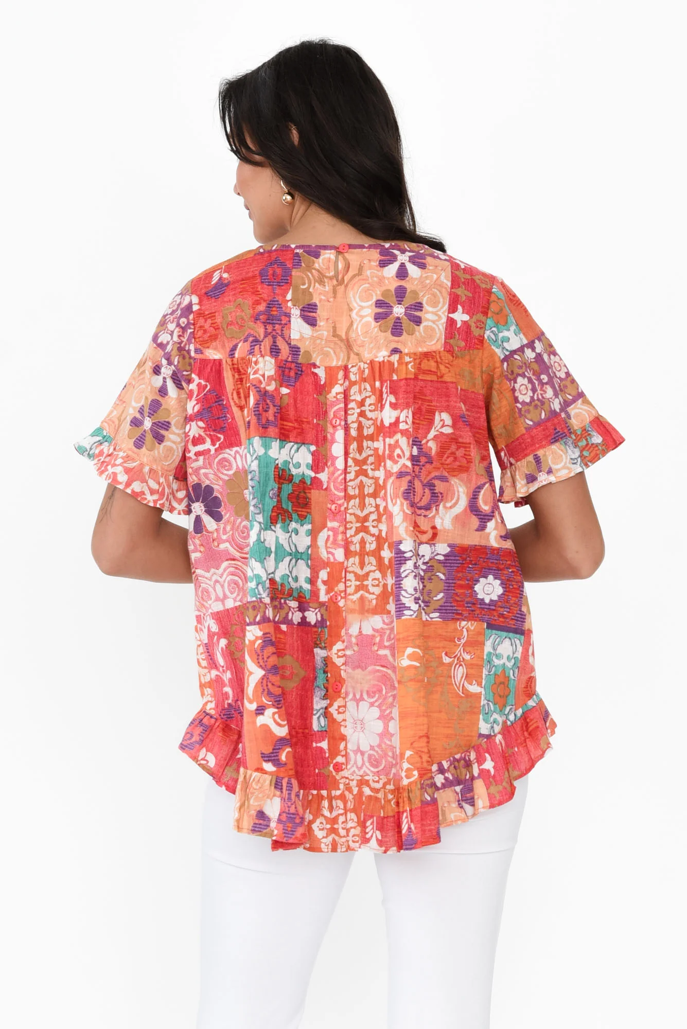 Edda Red Mosaic Cotton Frill Top - Image 4