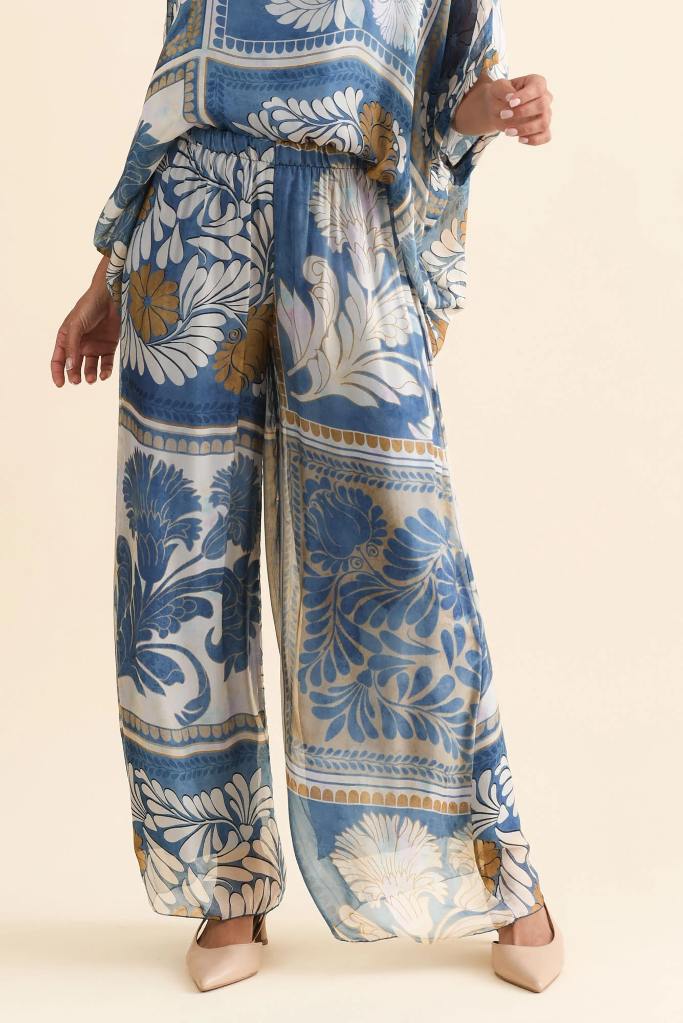 Enid Blue Botanical Silk Pants