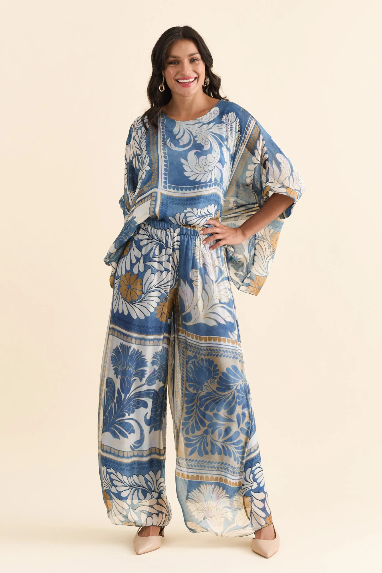 Enid Blue Botanical Silk Pants - Image 2