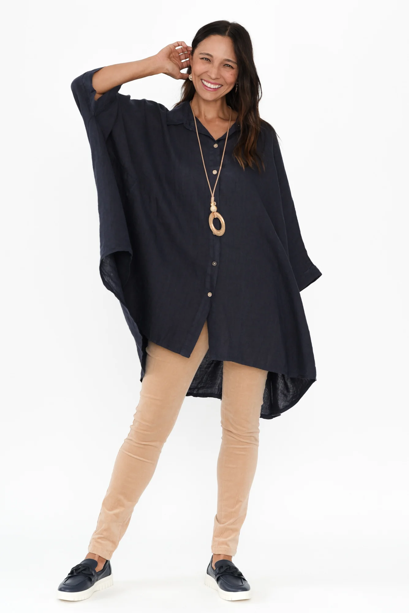 Giada Navy Linen Collared Shirt - Image 2