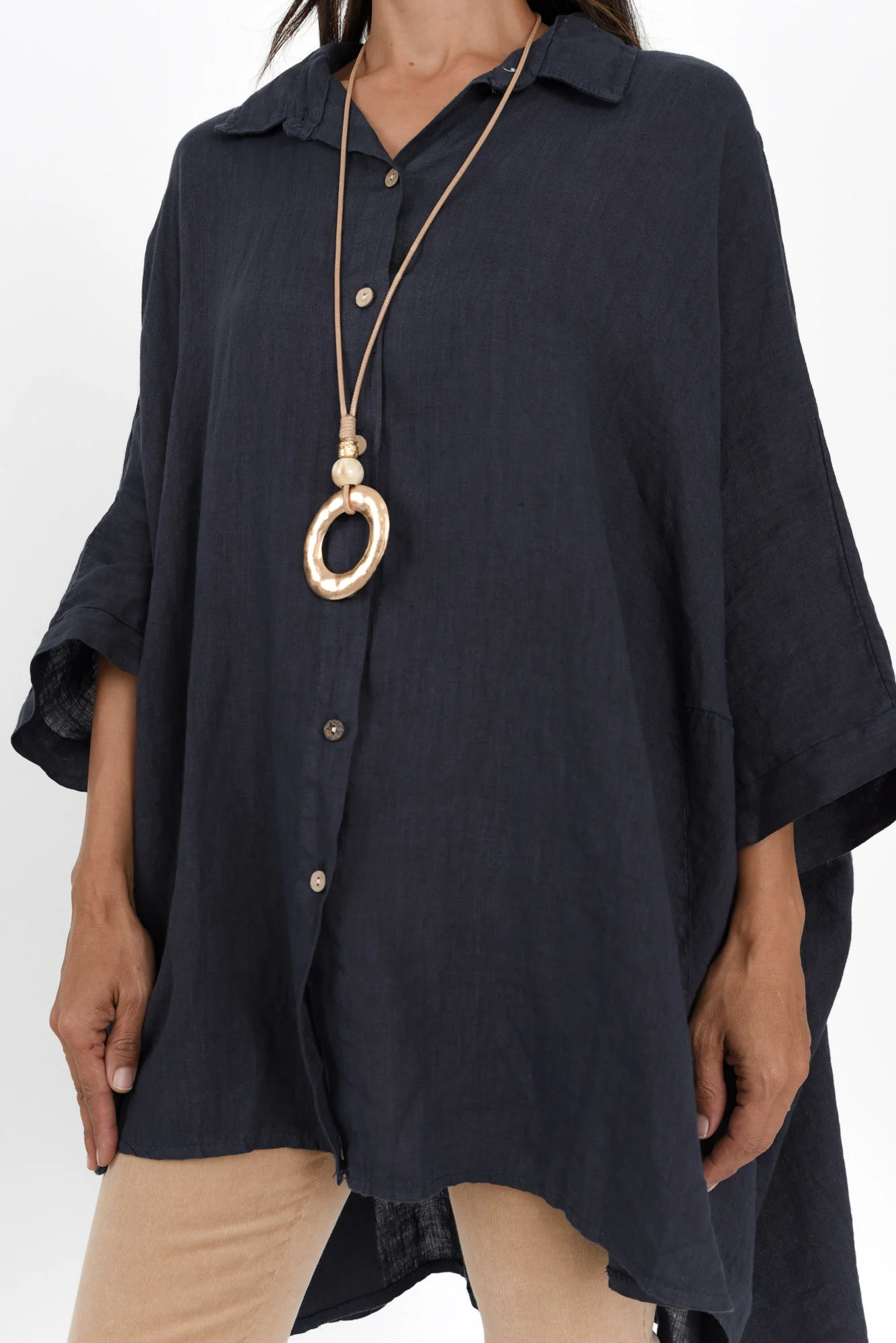 Giada Navy Linen Collared Shirt - Image 5