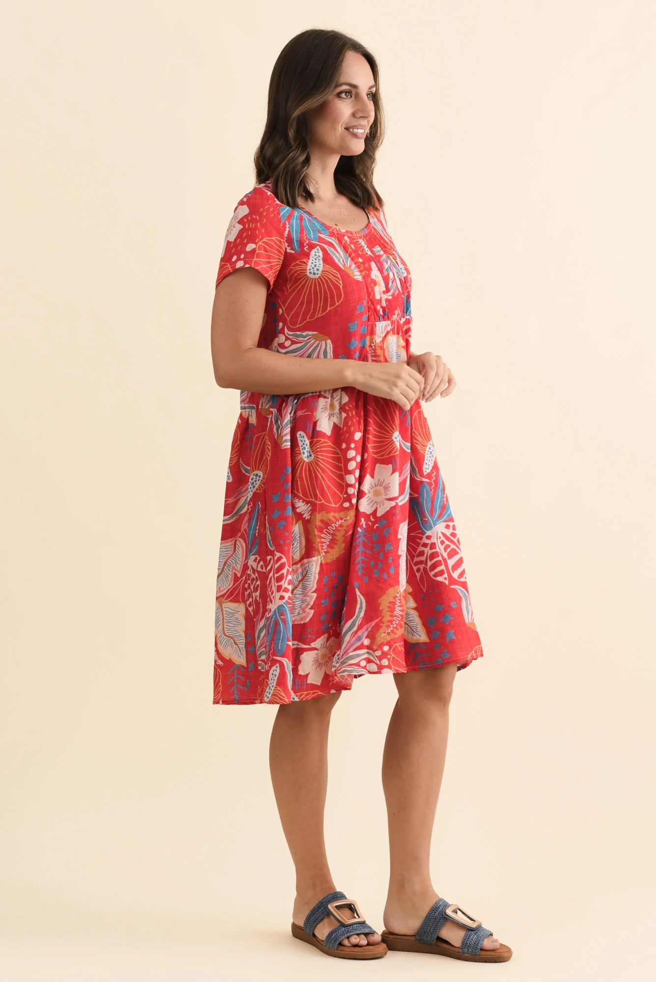 Hanoi Red Foliage Cotton Blend Dress - Image 3