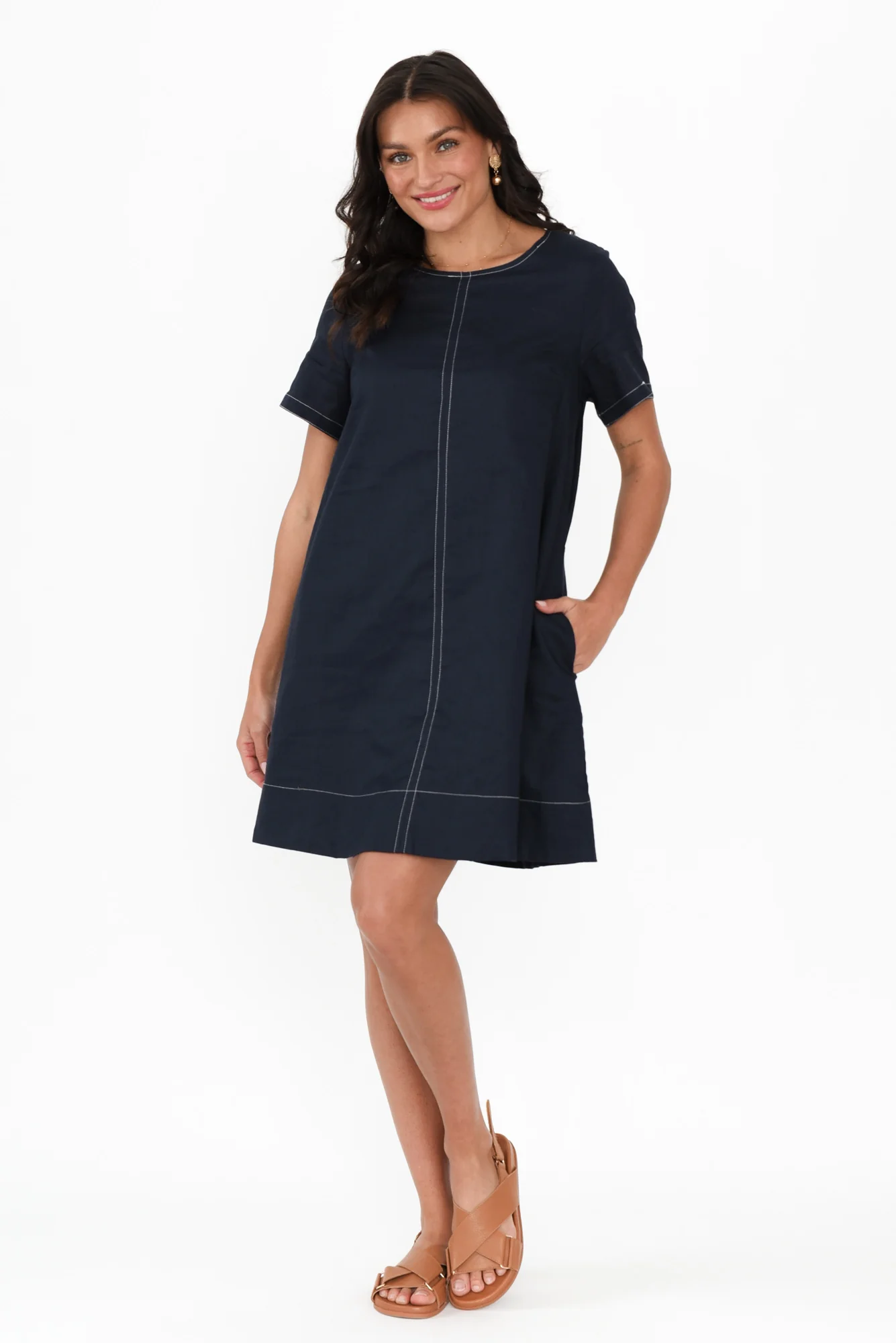 Ithaca Navy Contrast Linen Cotton Dress - Image 2