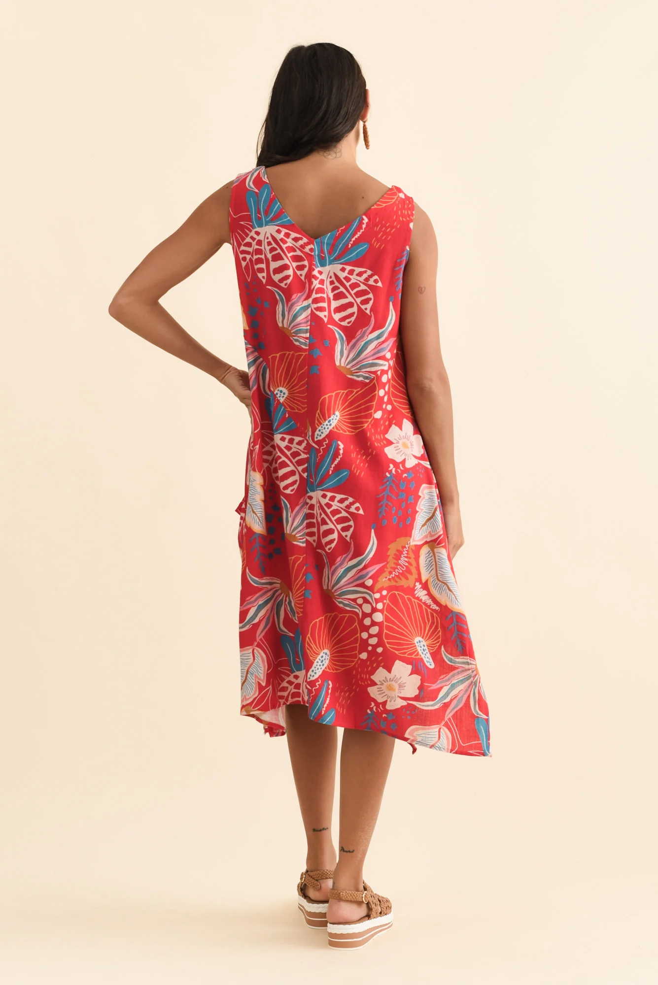 Jakine Red Botanical Linen Cotton Dress - Image 4