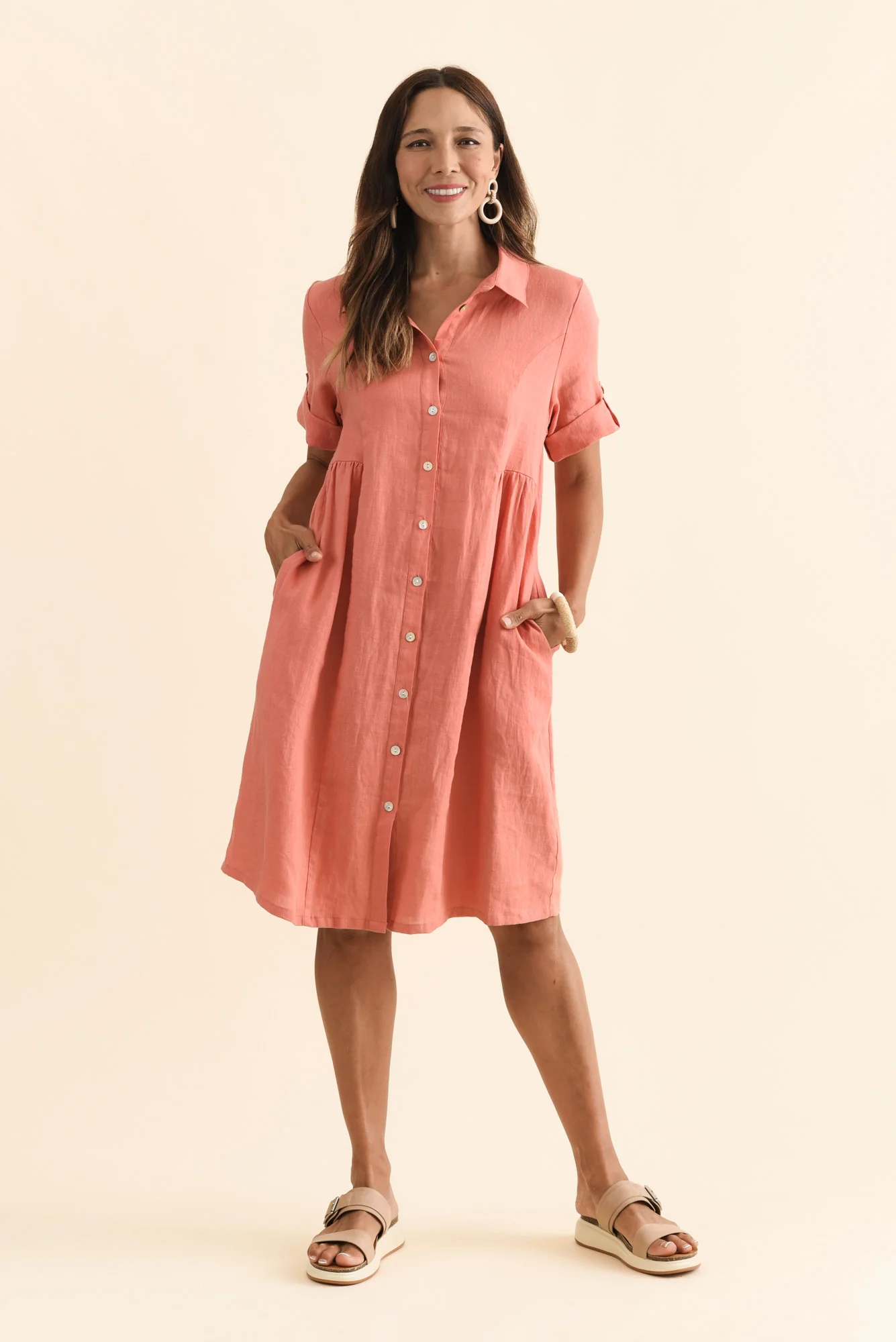 Katy Orange Linen Pocket Dress - Image 2