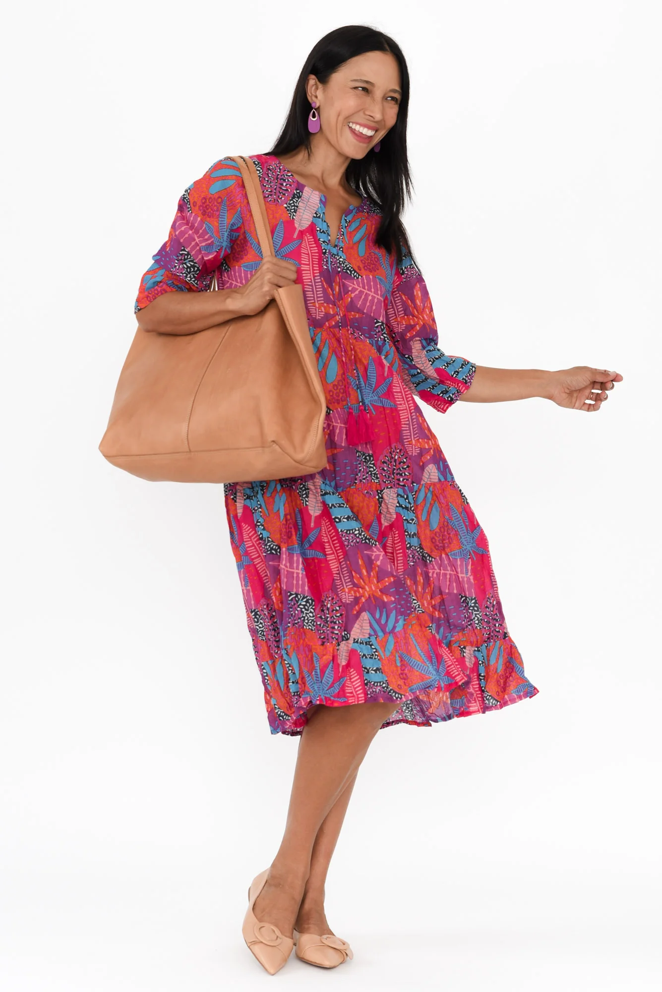 Milana Magenta Floral Crinkle Cotton Dress - Image 3