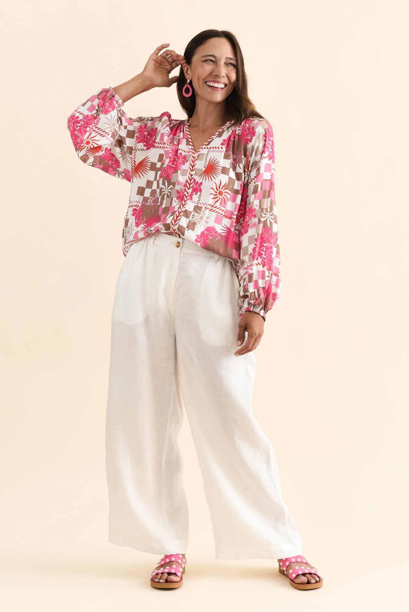 Leonora Red Tropical Button Blouse - Image 2