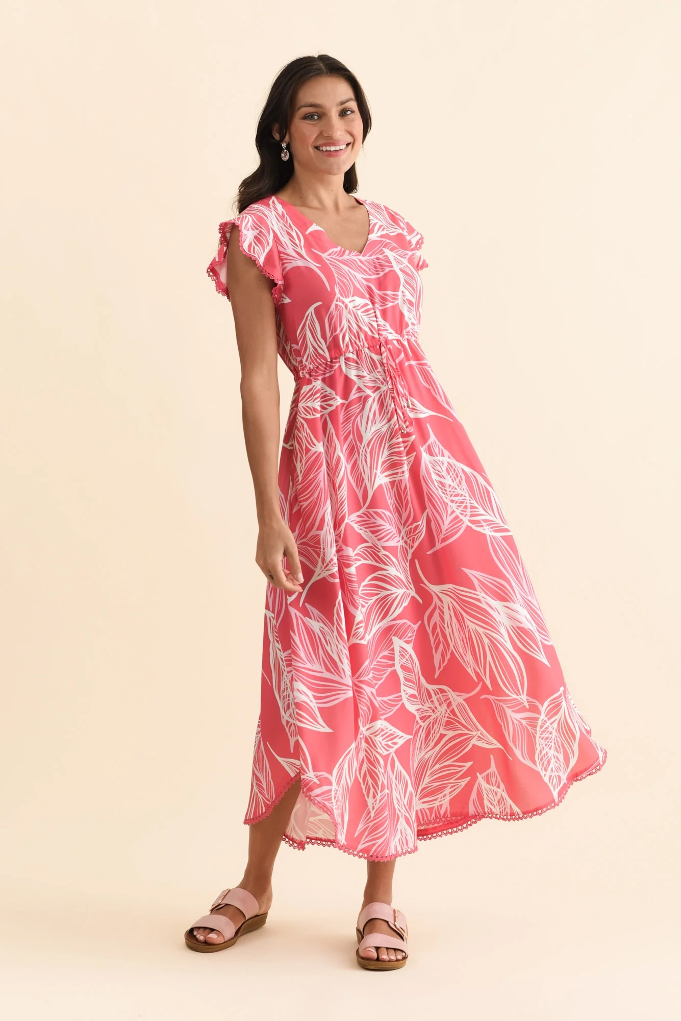 Libby Pink Leaf Midi Dress - Image 2