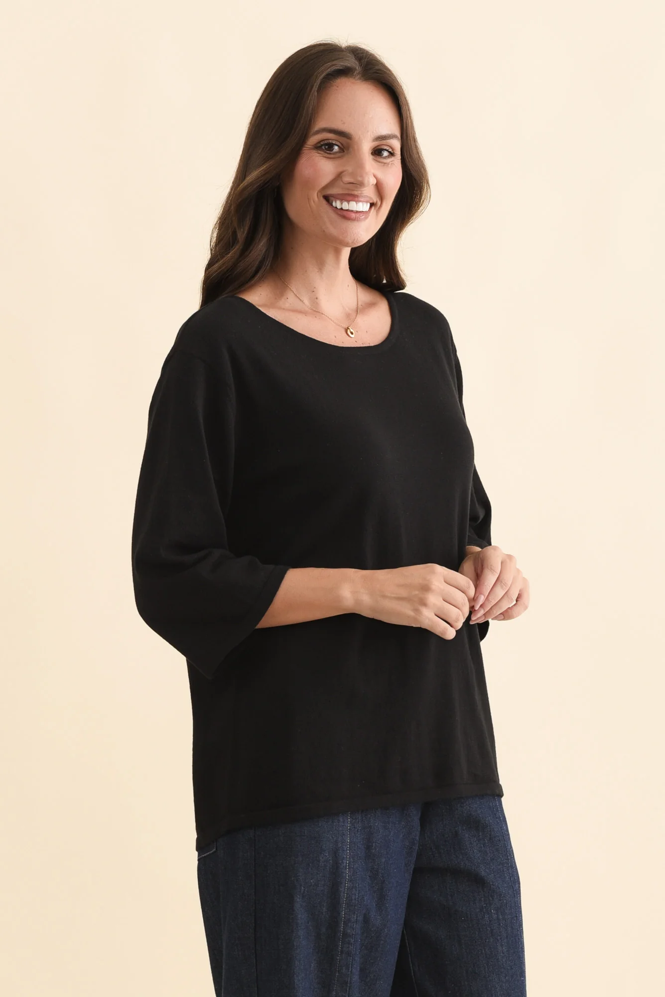 Liberty Black Cotton 3/4 Sleeve Top - Image 3