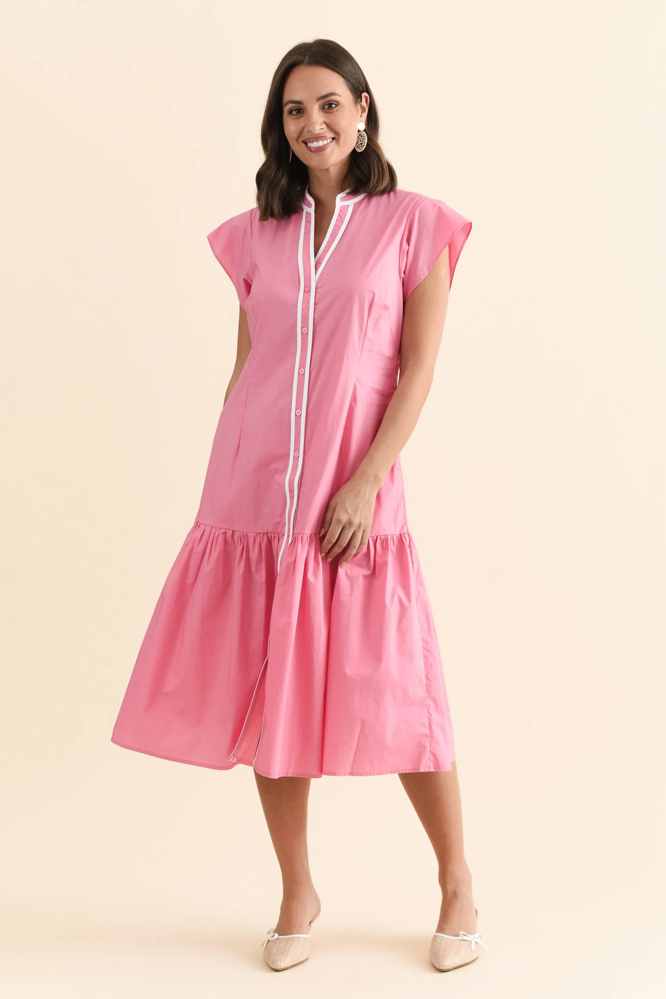 Mari Pink Contrast Cotton Tie Dress - Image 7