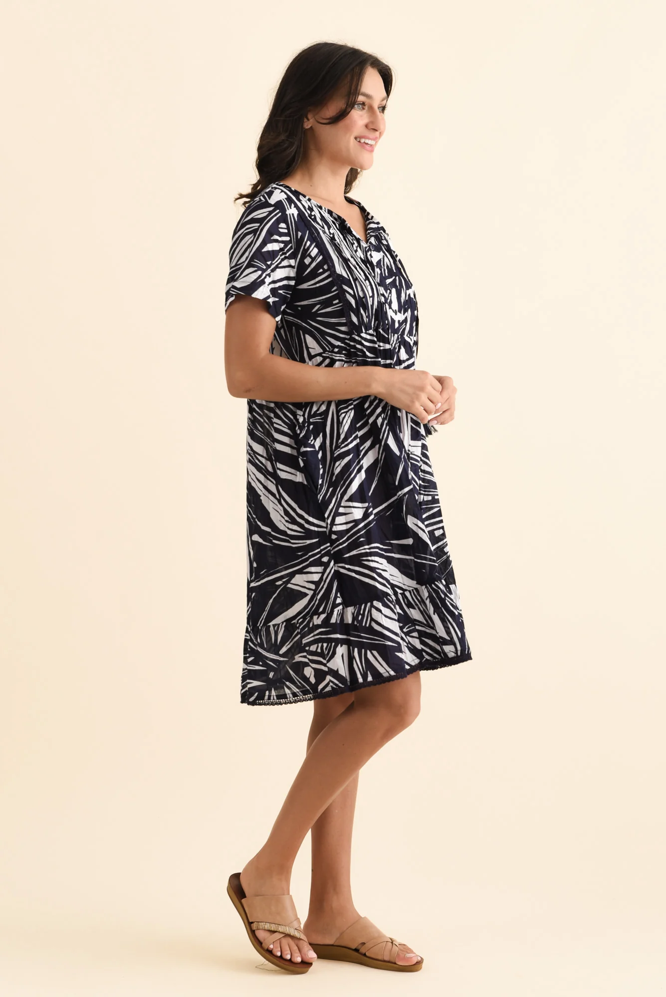 Marisol Navy Foliage Crinkle Cotton Dress - Image 3