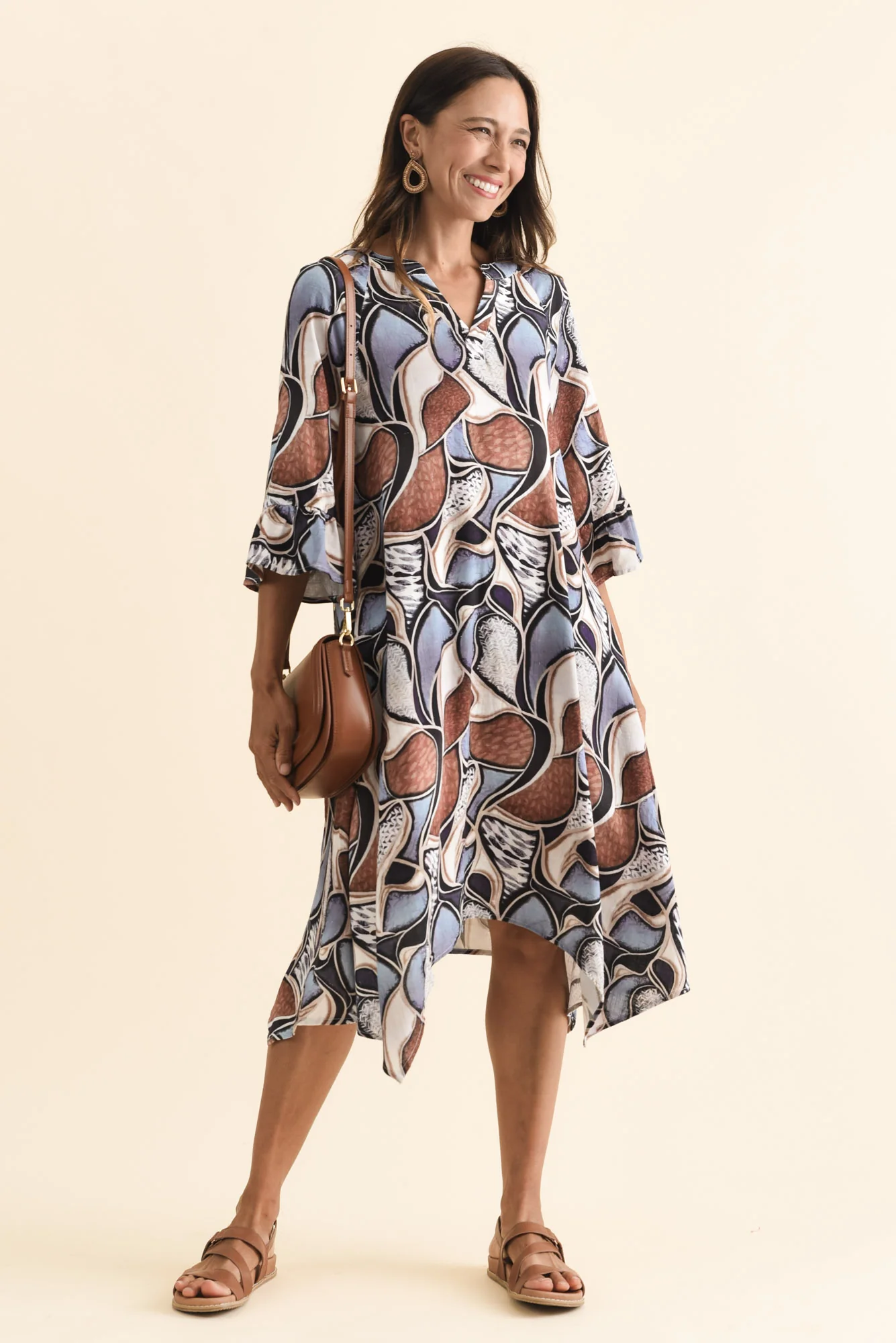 Millicent Blue Abstract Linen Cotton Dress - Image 2