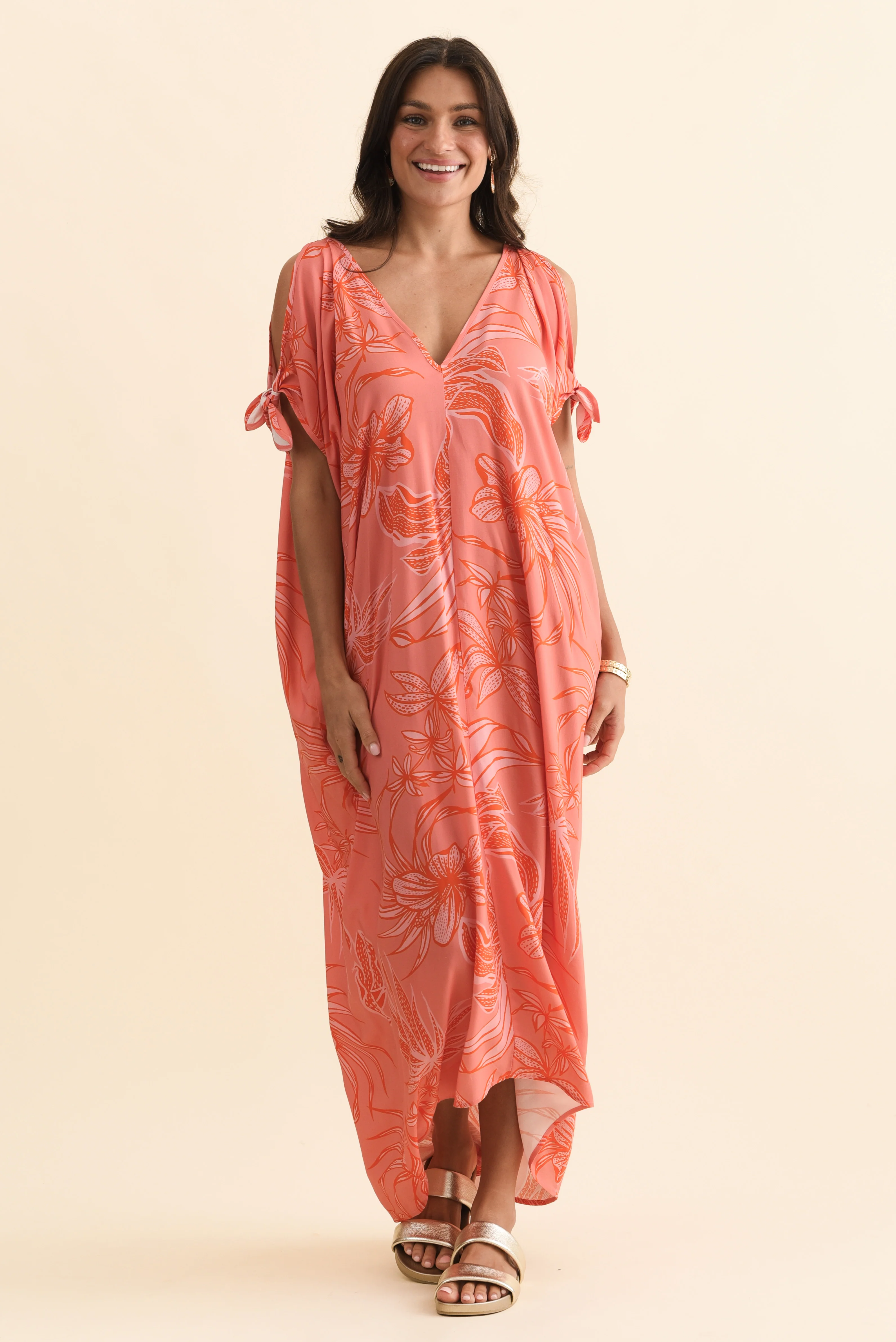 Miranda Pink Botanical Cold Shoulder Kaftan - Image 3