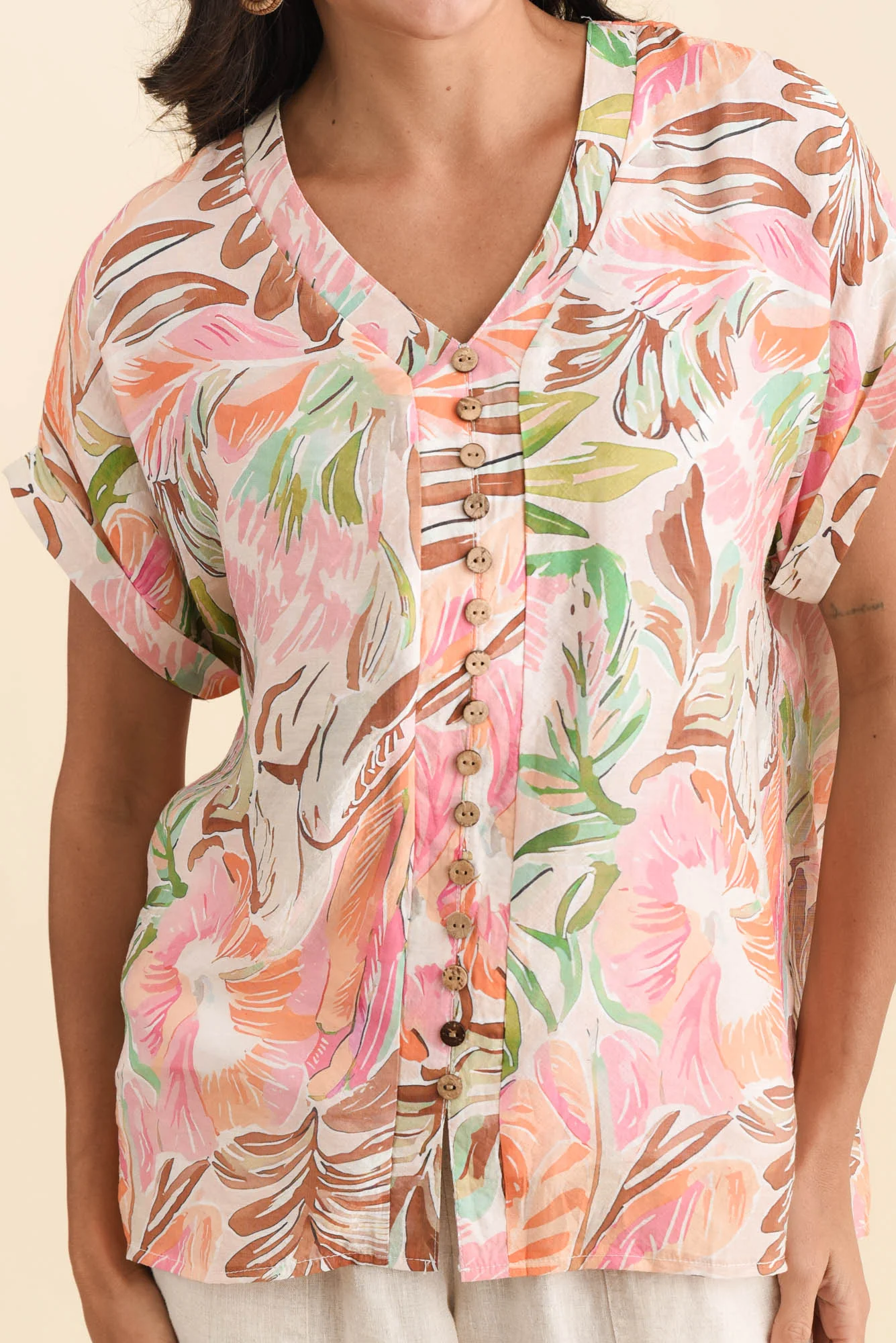 Miray Pink Tropical Button Top - Image 5