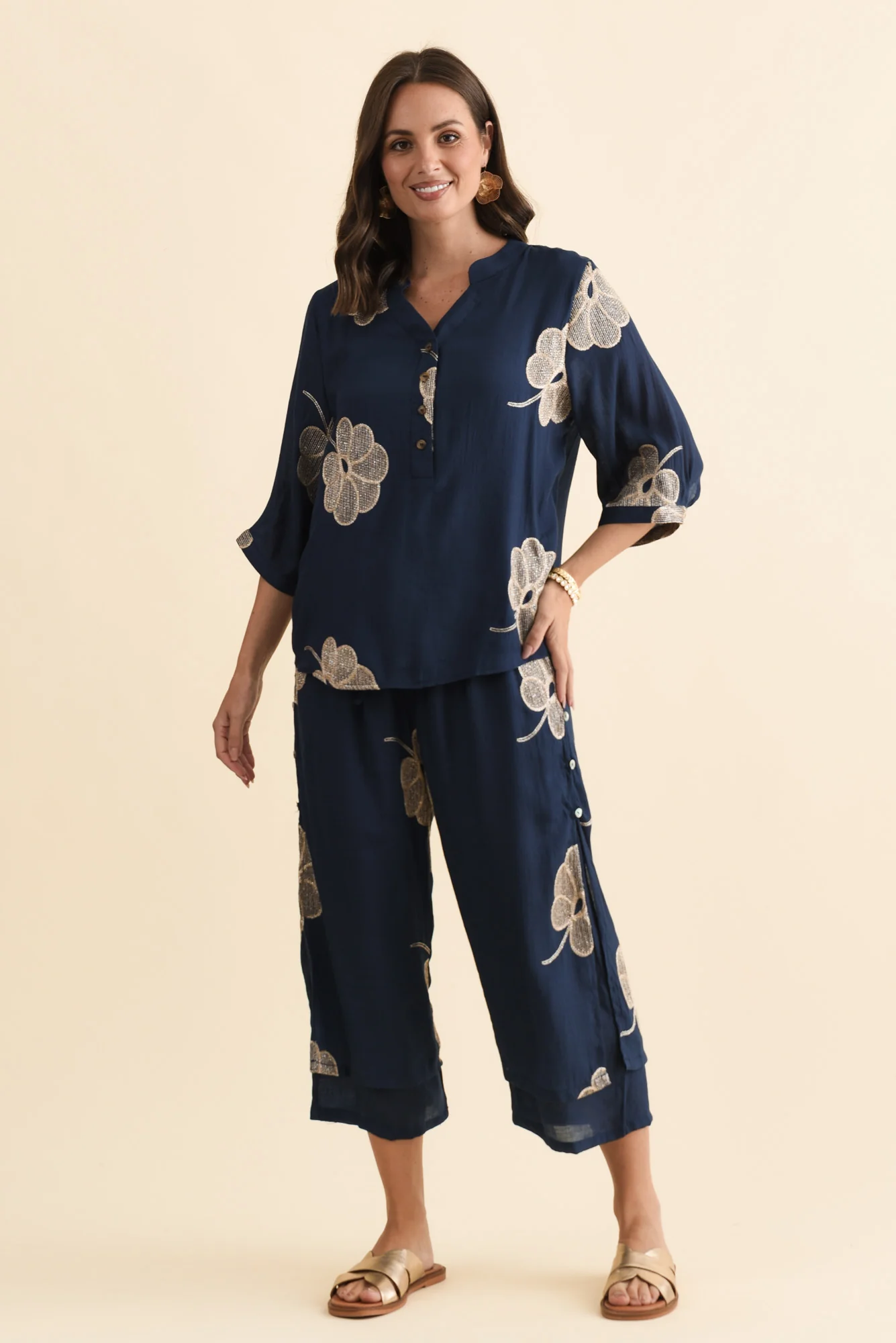 Narelle Navy Flower Button Top - Image 2