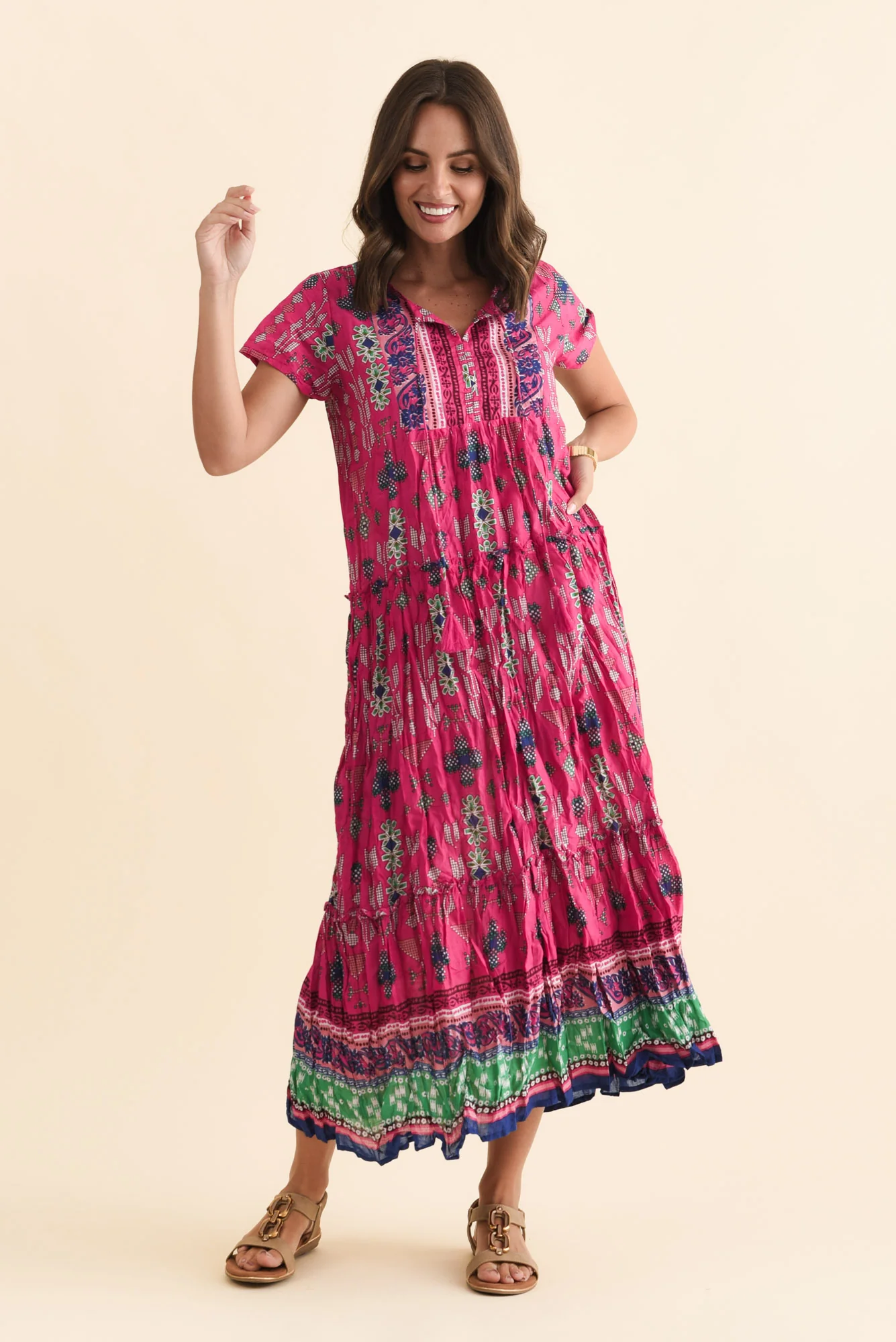Nona Fuchsia Mosaic Crinkle Cotton Maxi Dress - Image 2