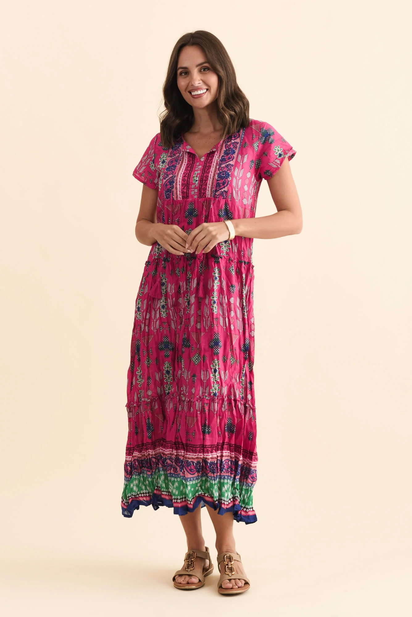 Nona Fuchsia Mosaic Crinkle Cotton Maxi Dress - Image 6