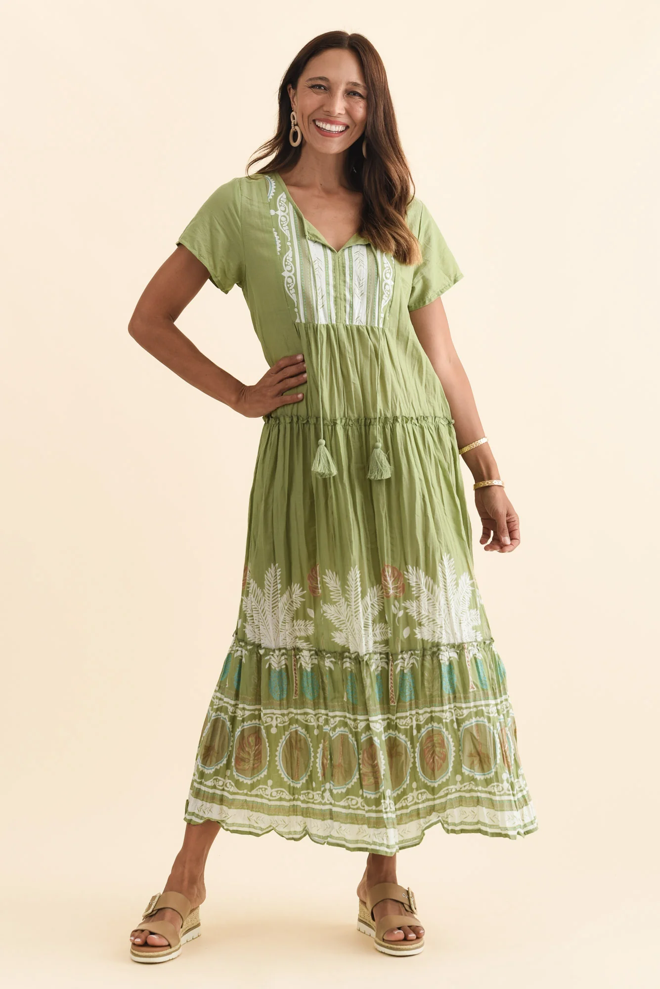 Nona Khaki Beach Crinkle Cotton Maxi Dress - Image 3