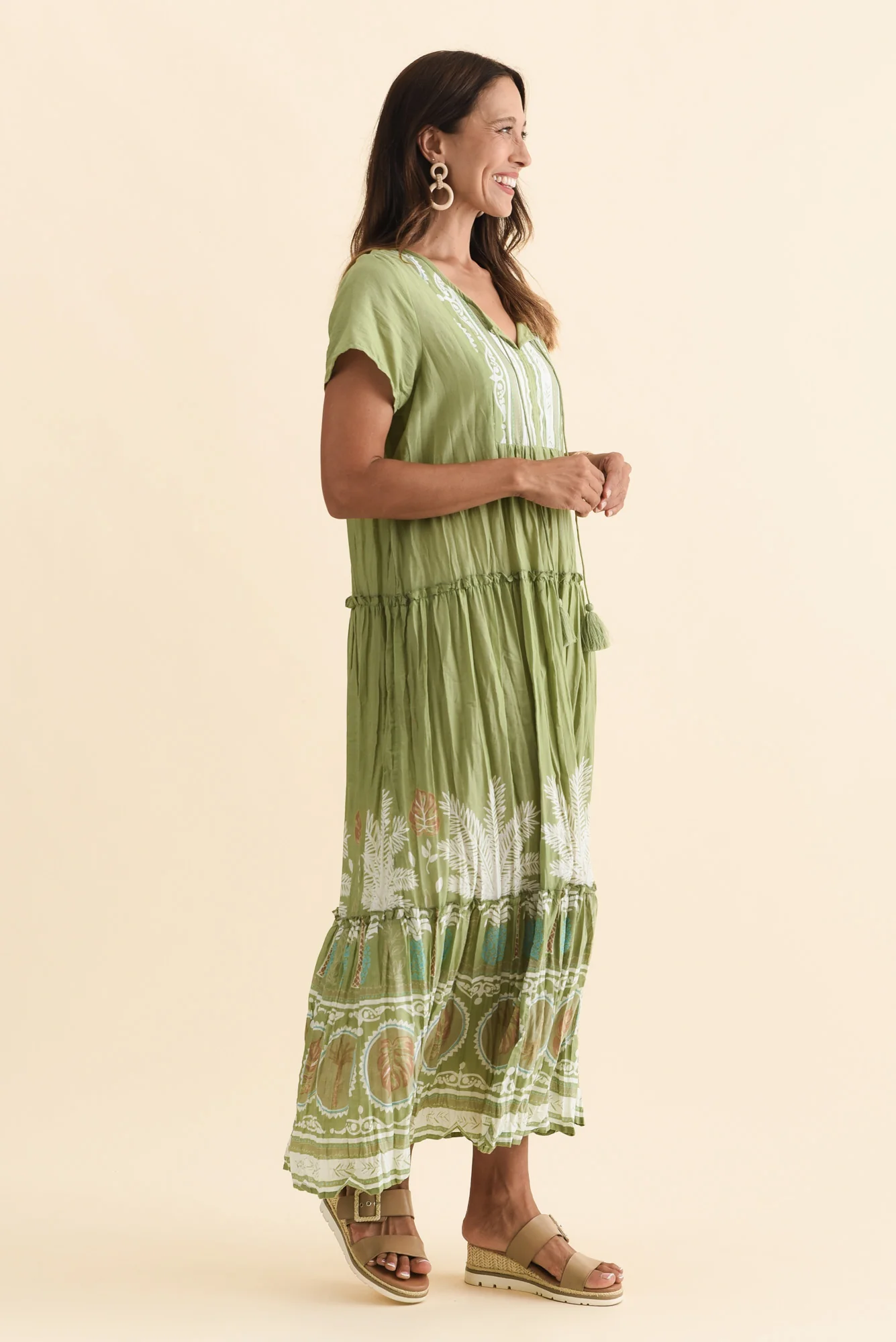 Nona Khaki Beach Crinkle Cotton Maxi Dress - Image 4