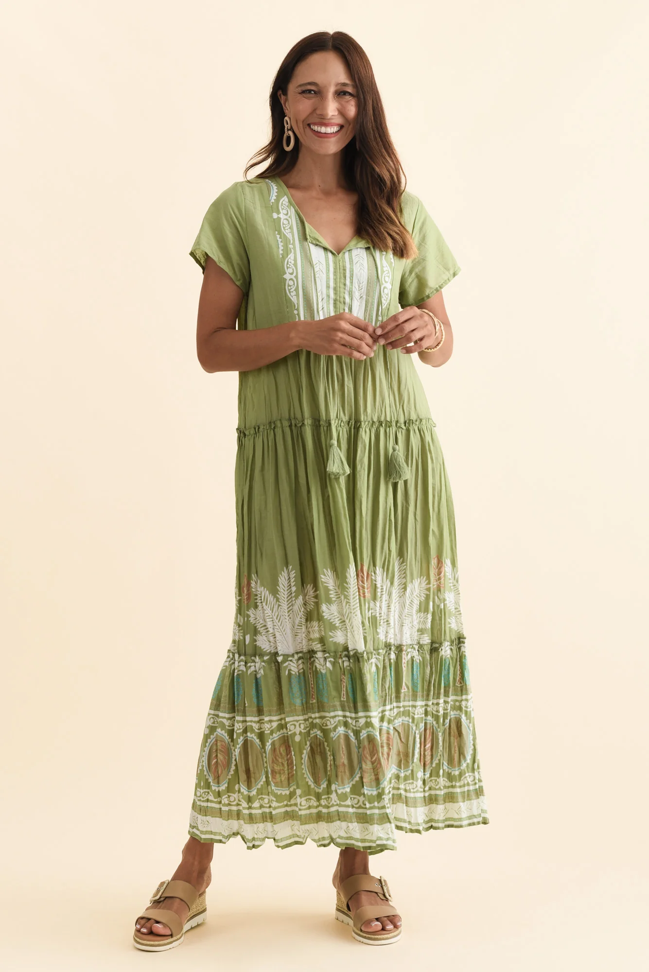 Nona Khaki Beach Crinkle Cotton Maxi Dress - Image 7