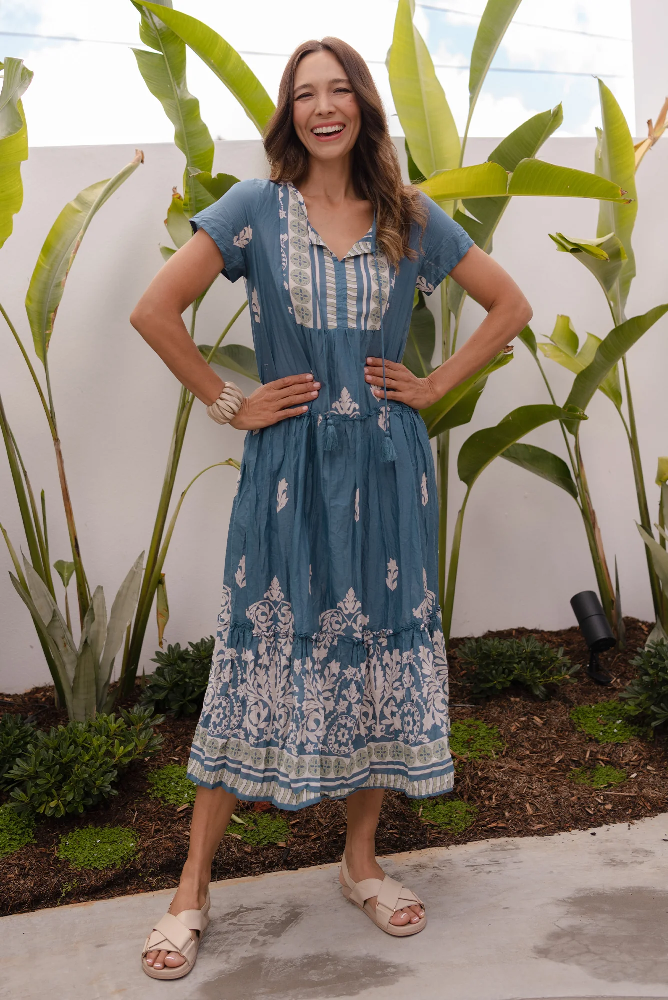 Nona Steel Abstract Crinkle Cotton Maxi Dress