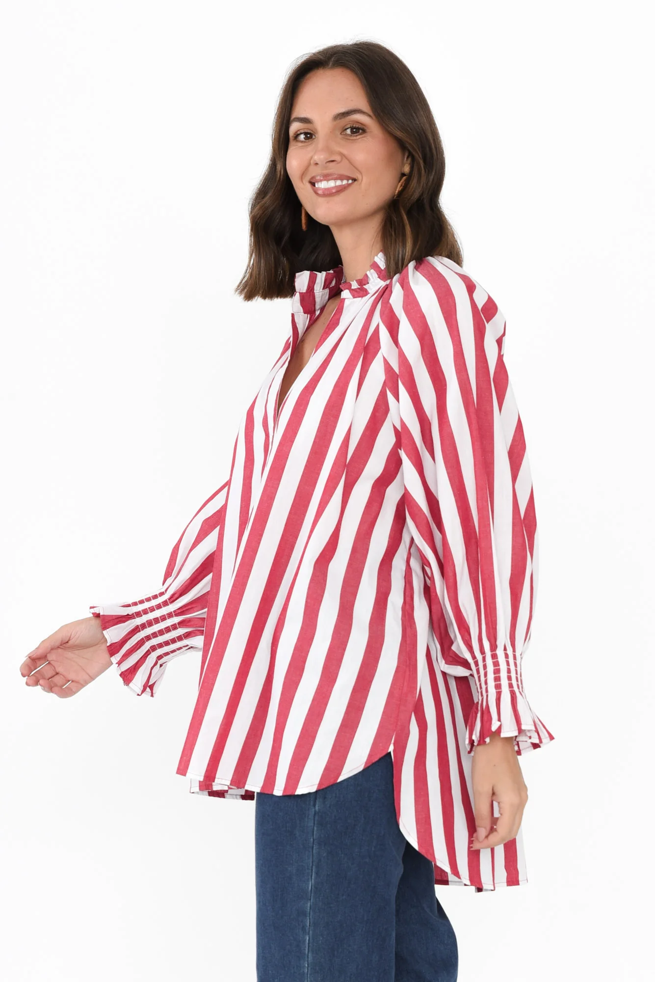 Olay Red Stripe Cotton Puff Sleeve Shirt - Image 3