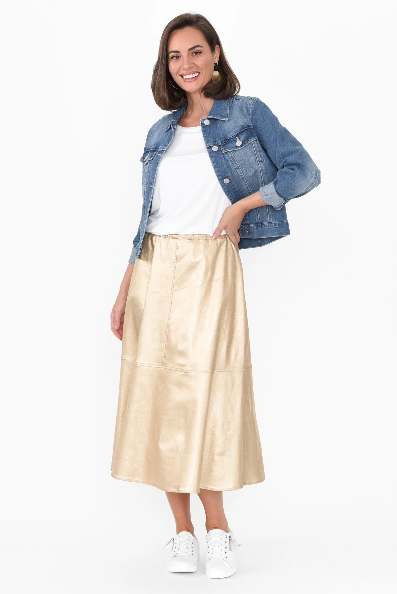 Oriel Gold Faux Leather Midi Skirt - Image 3