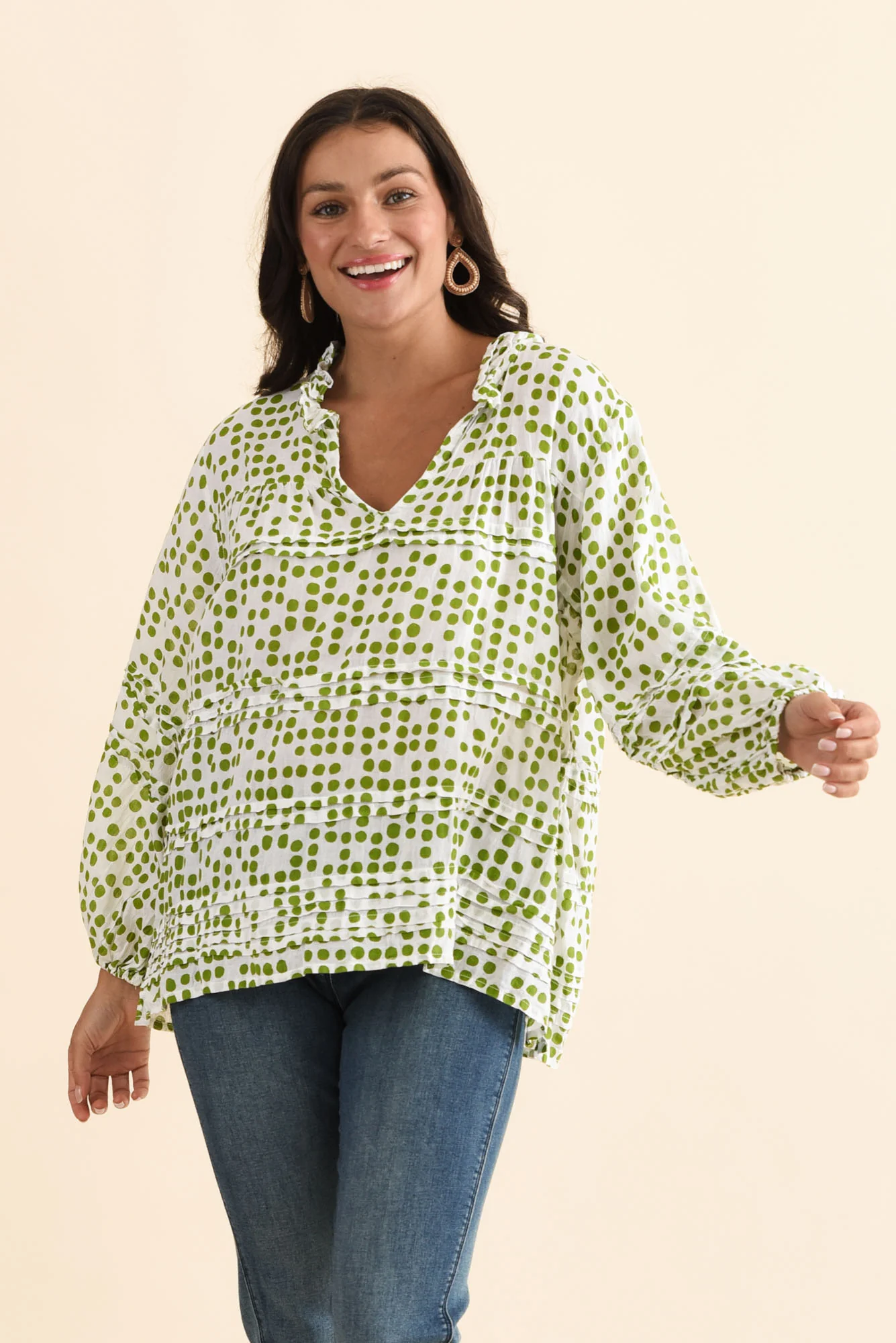 Palmer Green Spot Cotton Long Sleeve Top