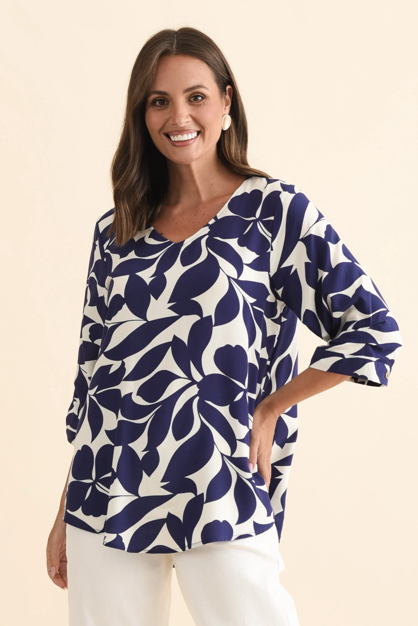 Riveria Navy Leaf V Neck Top - Image 2