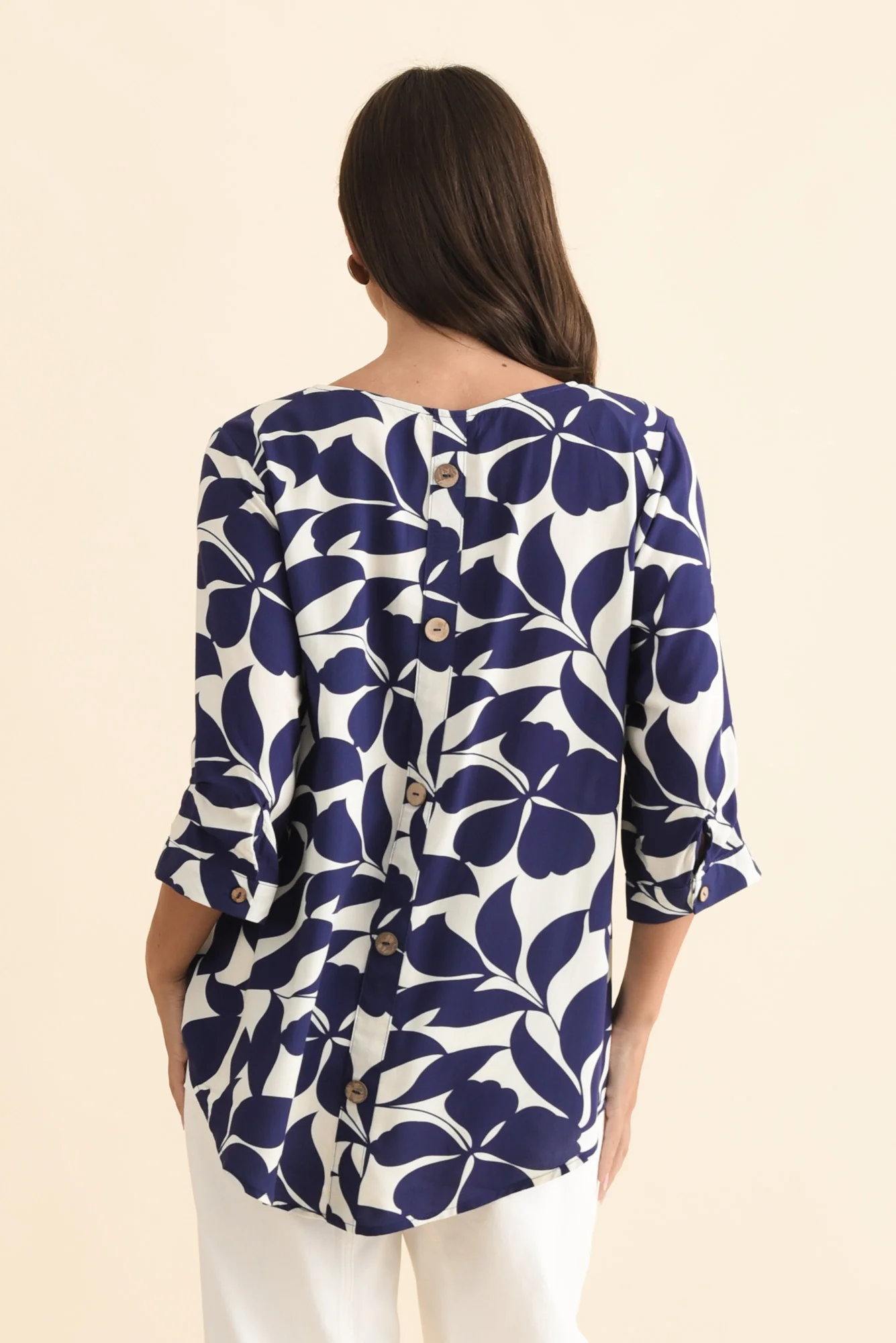 Riveria Navy Leaf V Neck Top - Image 5