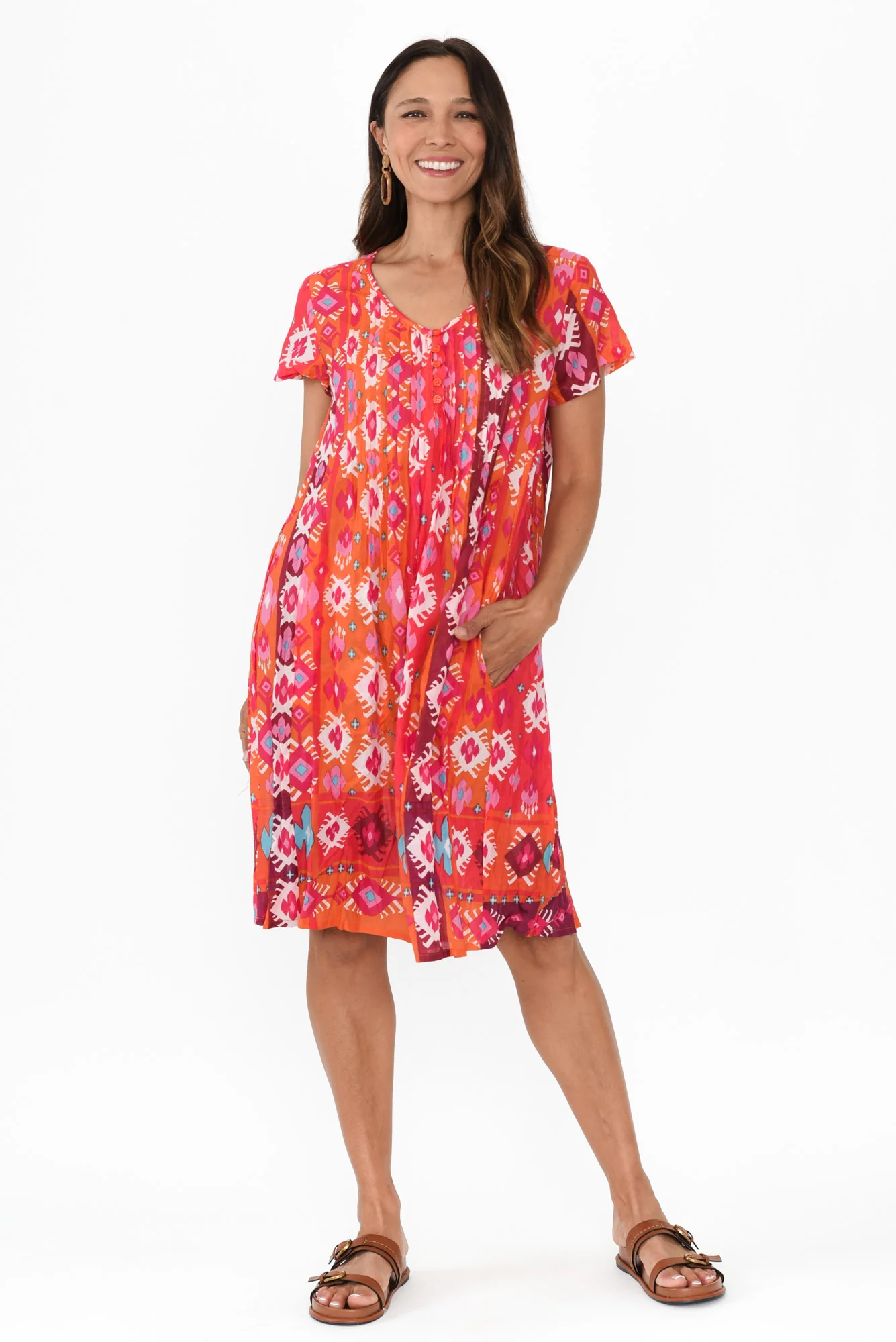 Sabina Red Geo Crinkle Cotton Dress