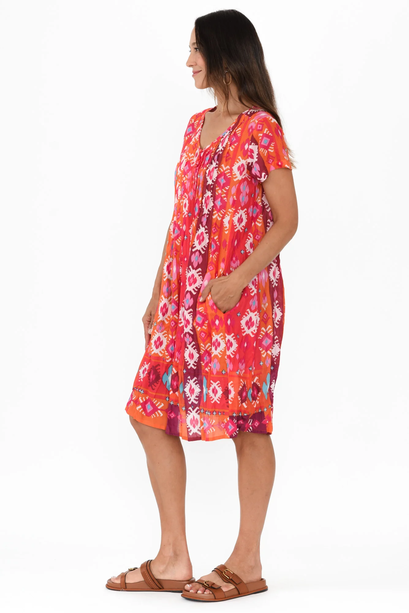 Sabina Red Geo Crinkle Cotton Dress - Image 3