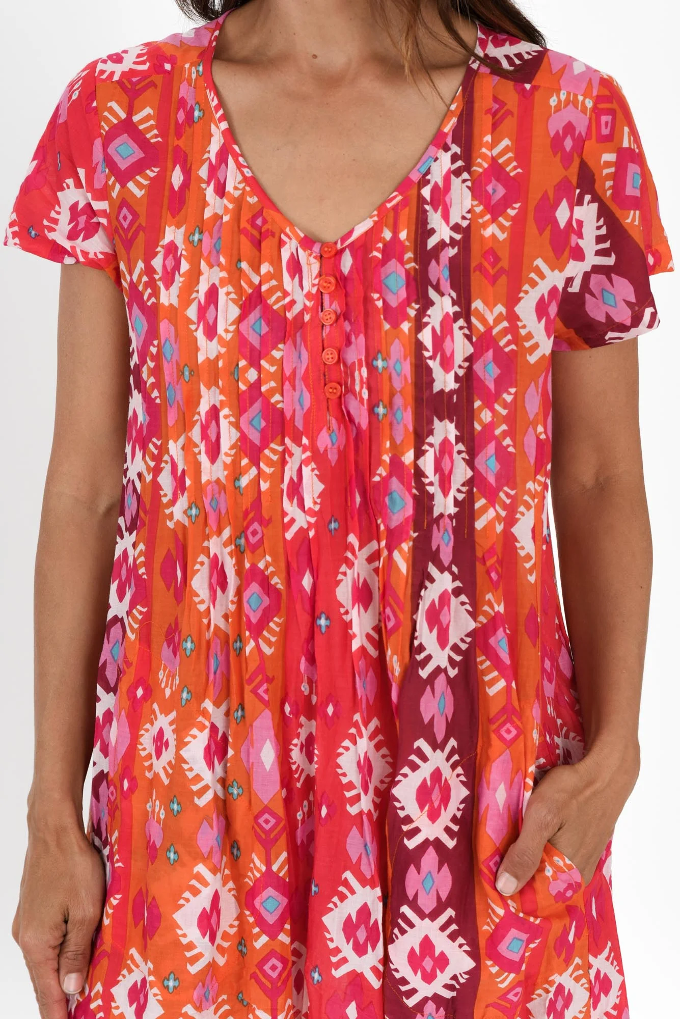 Sabina Red Geo Crinkle Cotton Dress - Image 5