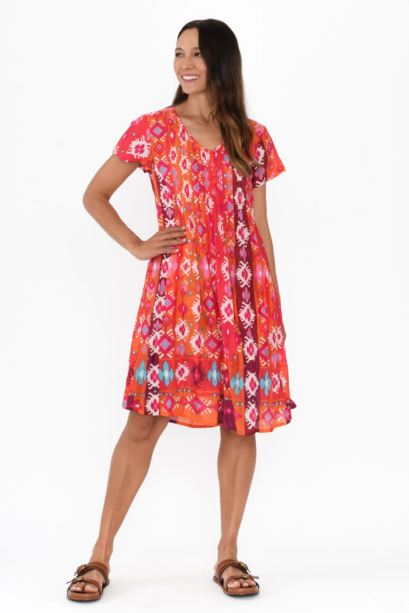 Sabina Red Geo Crinkle Cotton Dress - Image 6