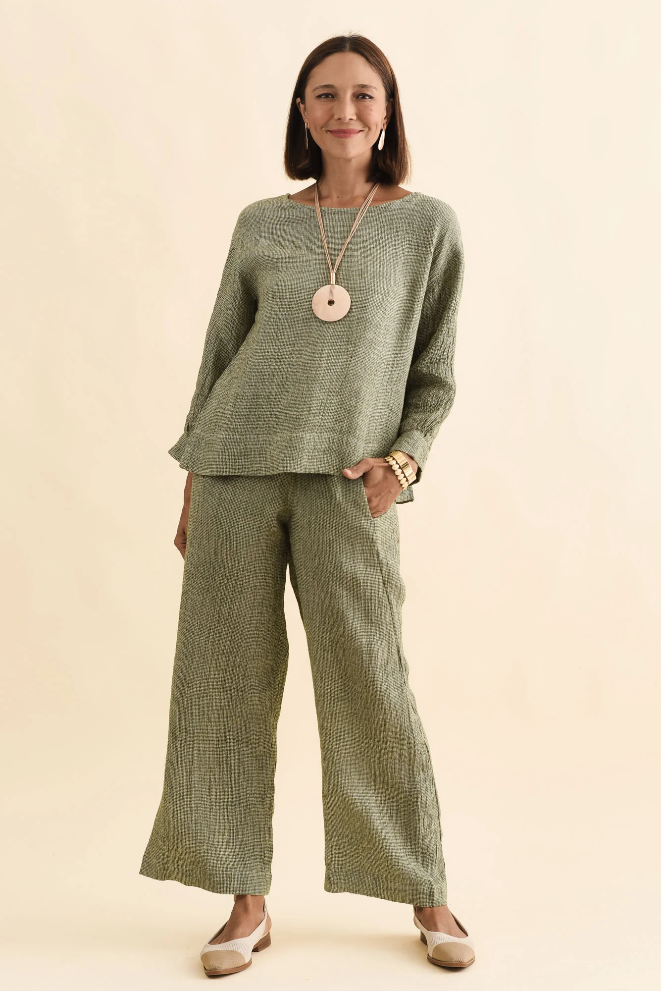 Saloma Sage Linen Scoop Neck Top - Image 2