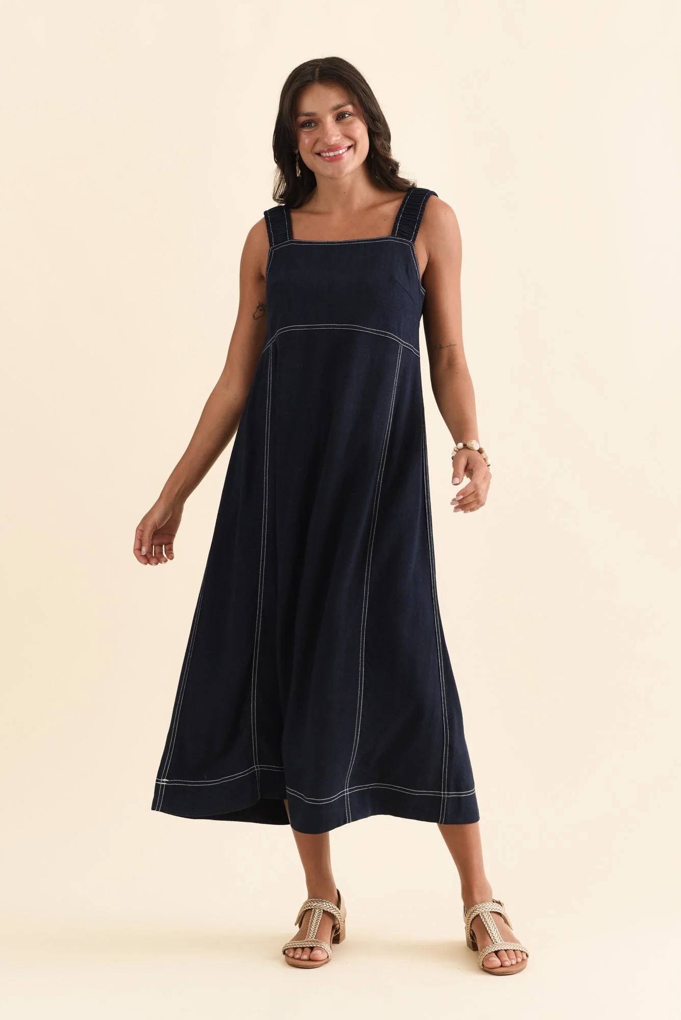 Saylor Navy Contrast Linen Blend Dress - Image 3
